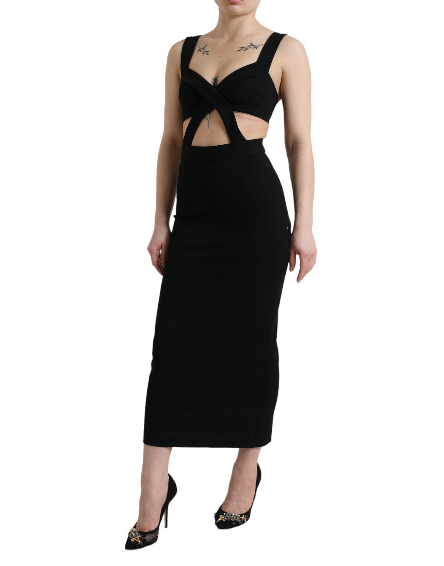 Robe mi-longue moulante noire sans manches à découpes Dolce & Gabbana