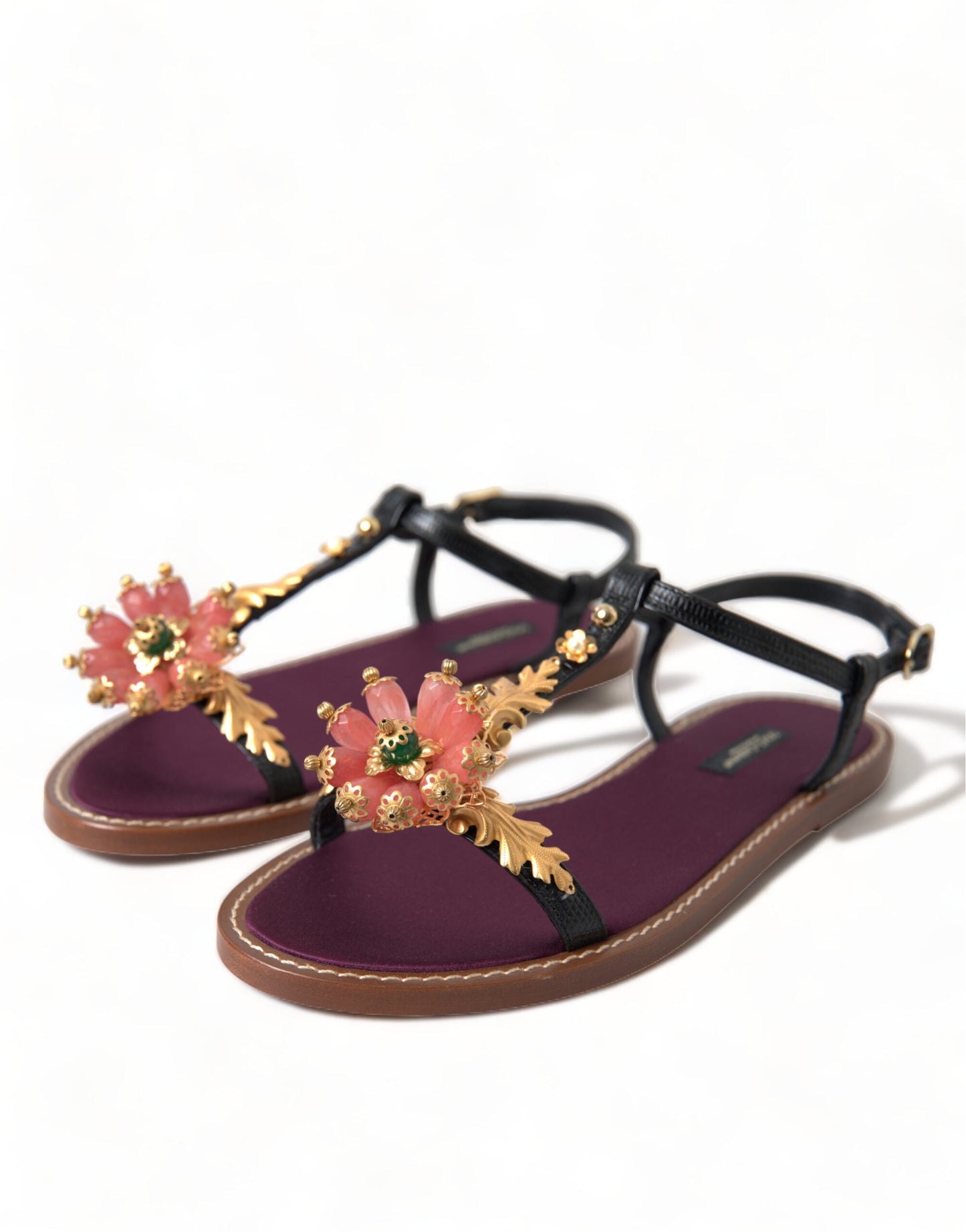 Sandales Dolce & Gabbana en cuir noir et cristal doré