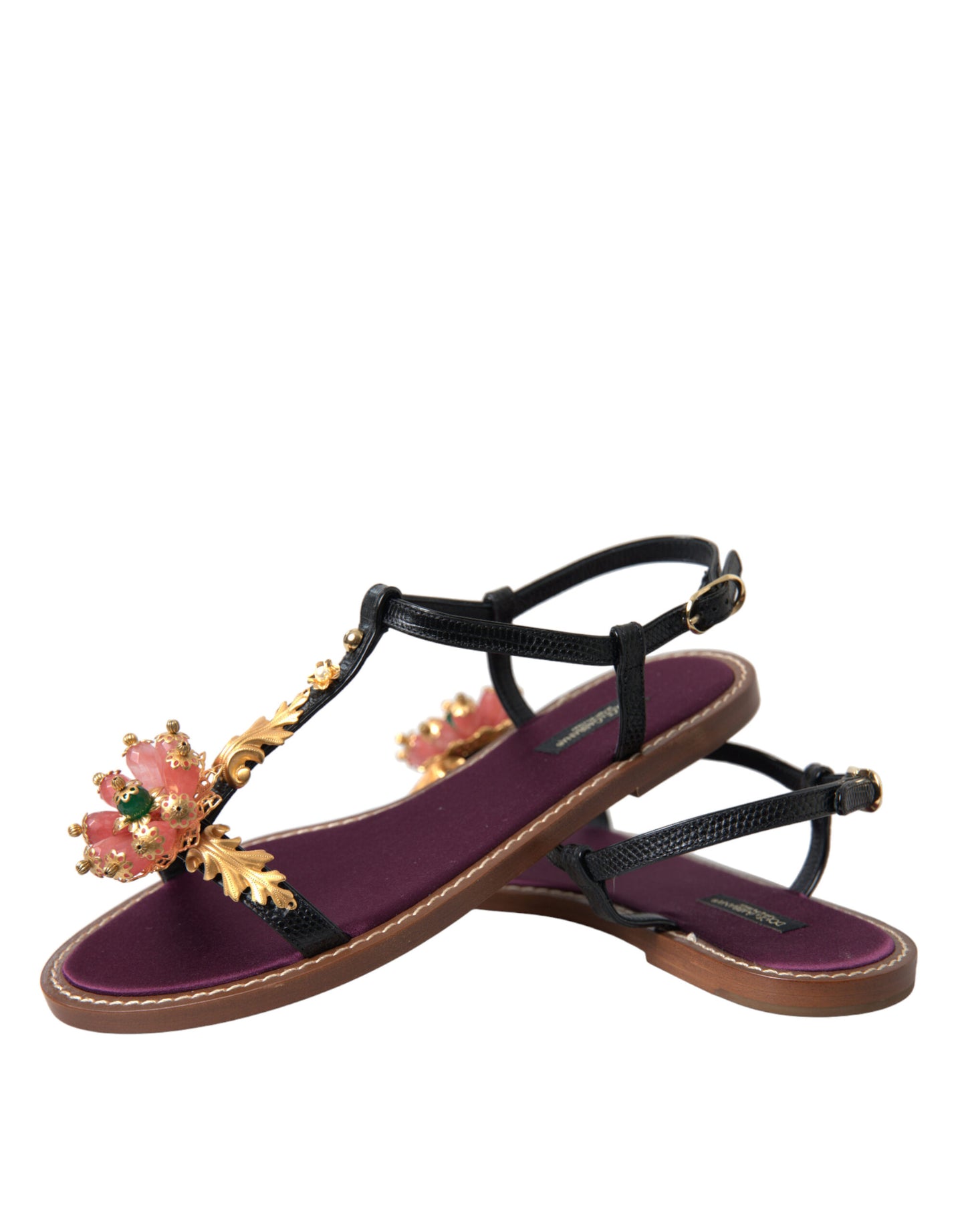 Sandales Dolce & Gabbana en cuir noir et cristal doré