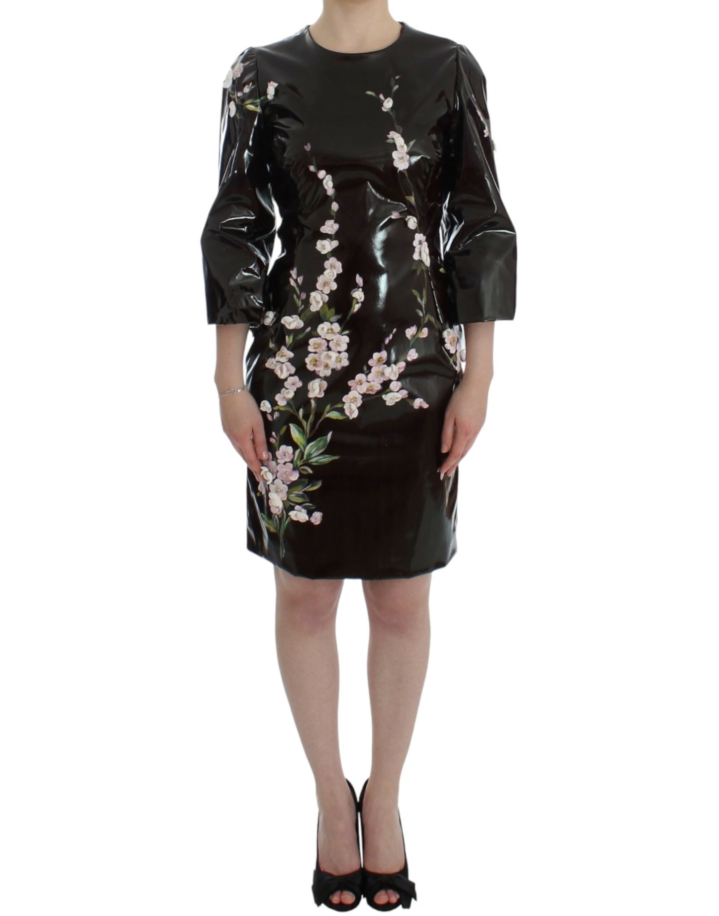 Dolce & Gabbana Schwarzes Etuikleid mit 3/4-Ärmeln und Blumenmuster