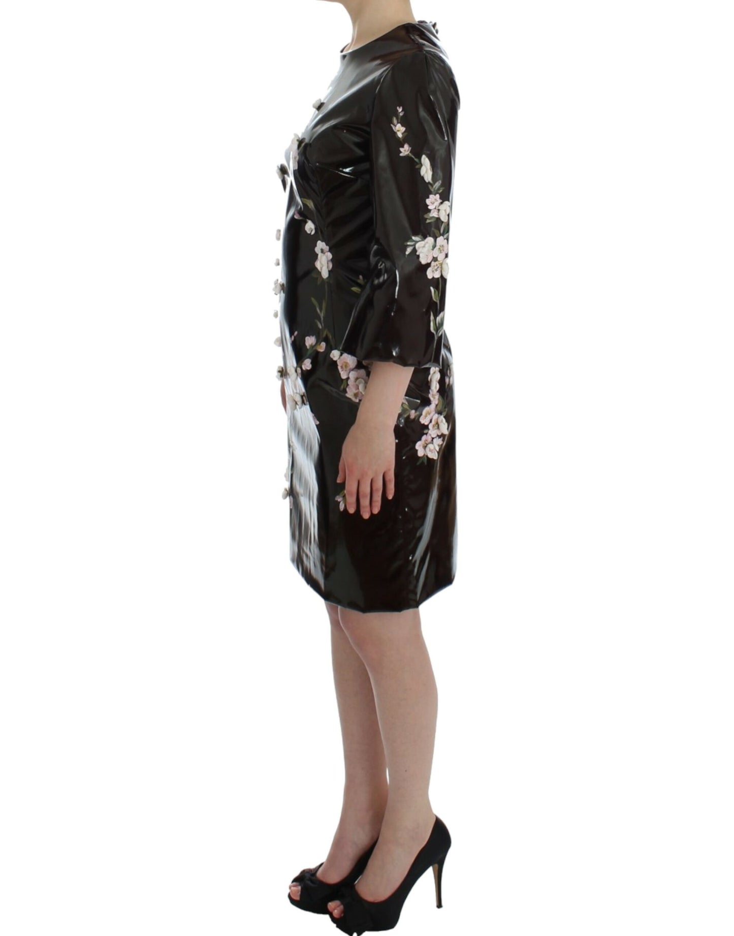 Dolce & Gabbana Schwarzes Etuikleid mit 3/4-Ärmeln und Blumenmuster