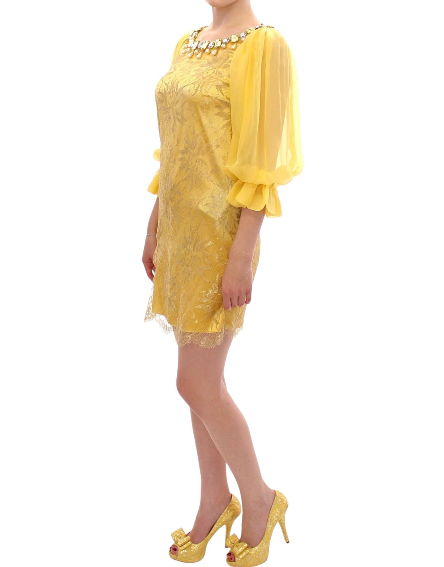 Mini-robe en dentelle jaune et cristaux Dolce & Gabbana