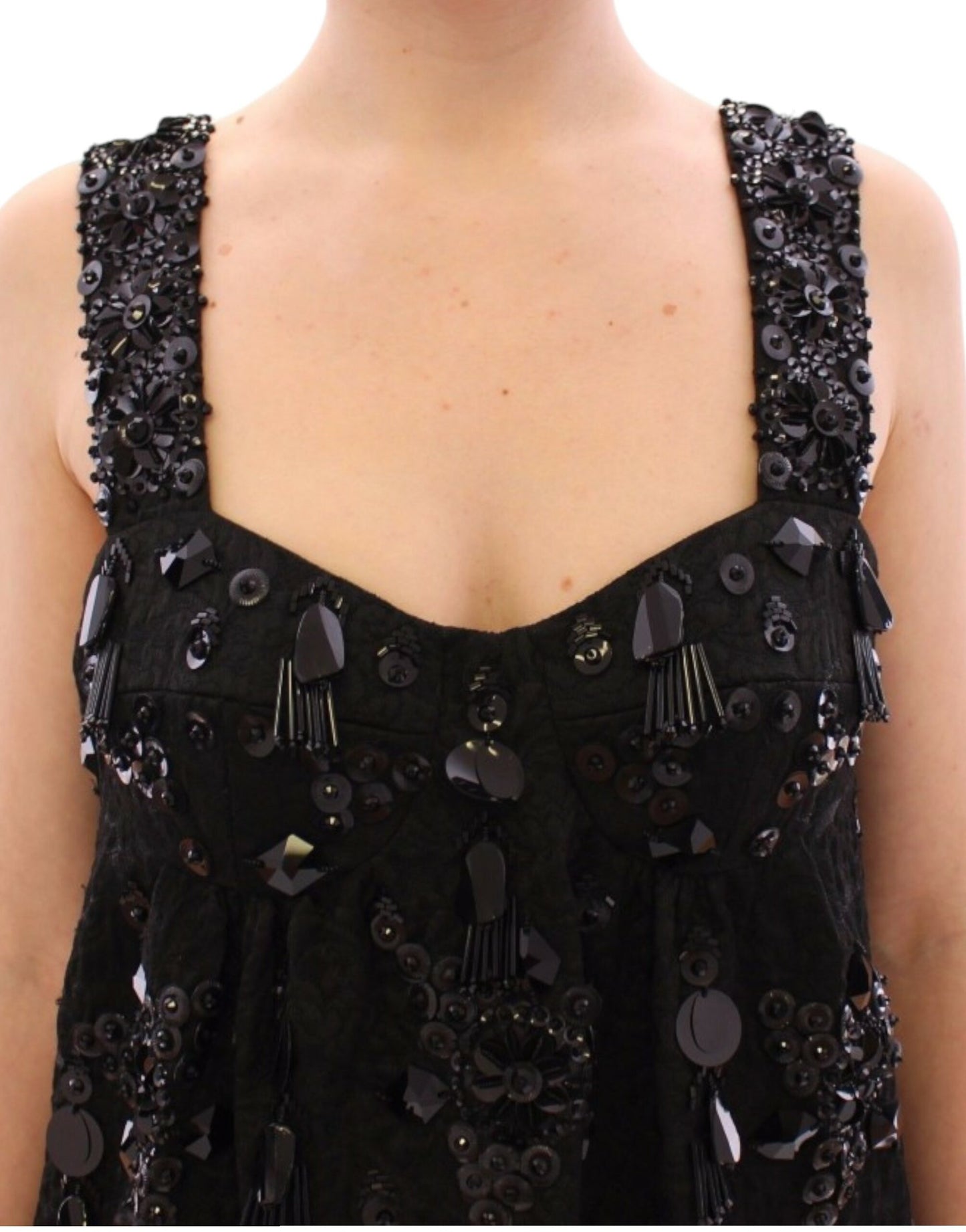 Dolce & Gabbana Robe noire à fleurs et cristaux incrustés