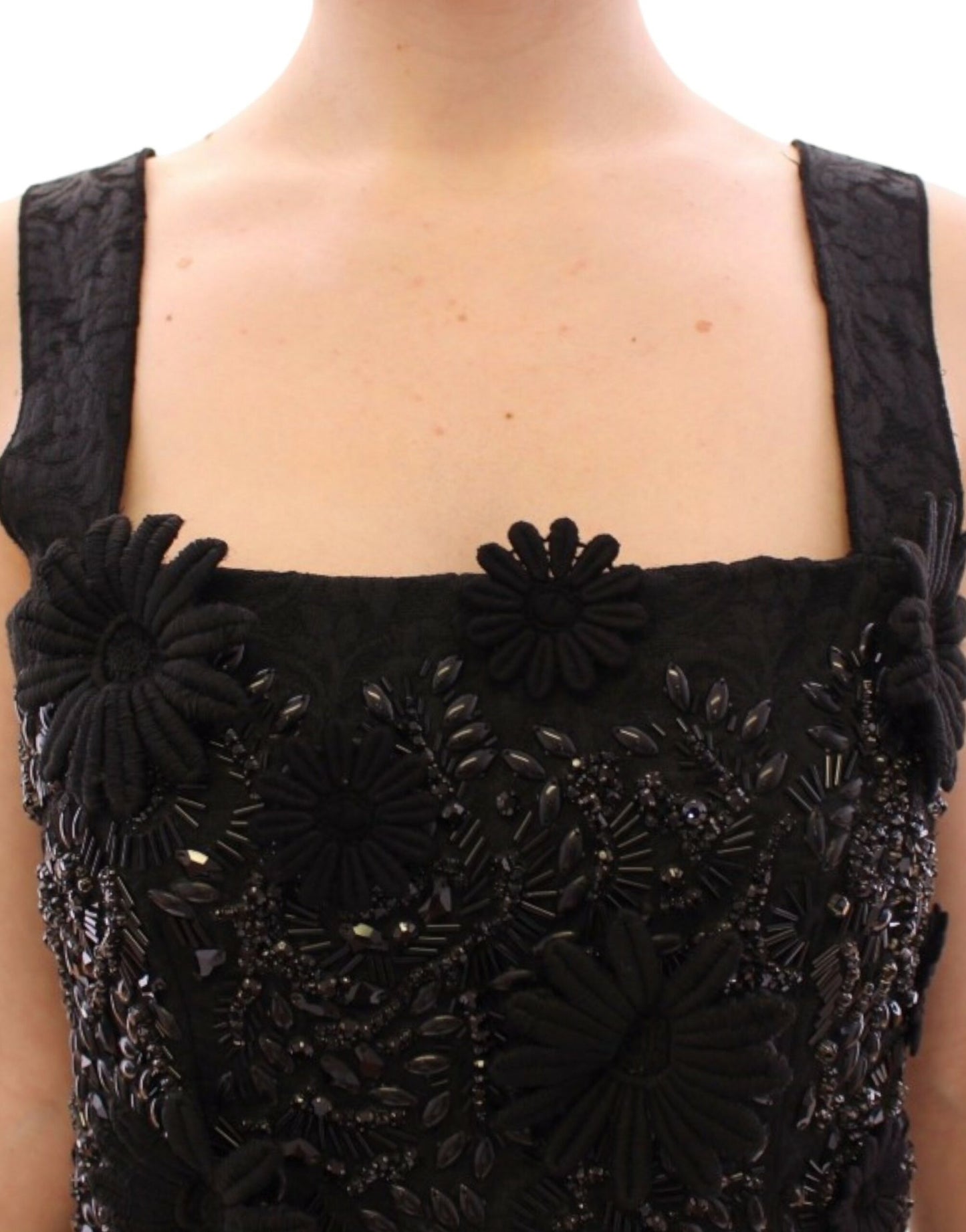 Dolce & Gabbana Robe noire à fleurs et cristaux incrustés