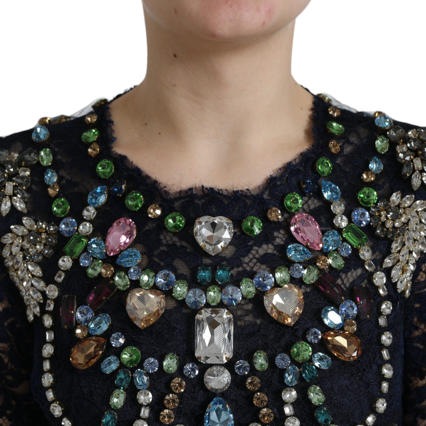 Robe longue en dentelle florale à cristaux bleus Dolce & Gabbana