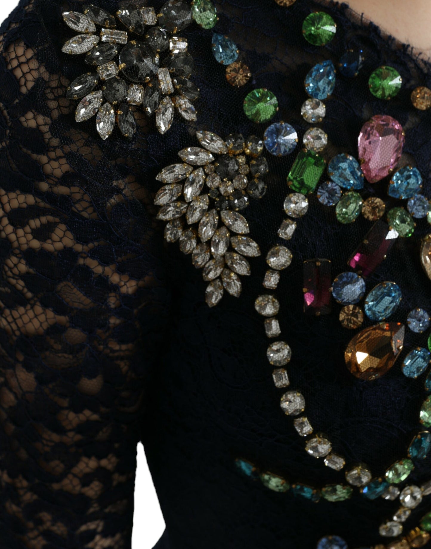 Robe longue en dentelle florale à cristaux bleus Dolce & Gabbana