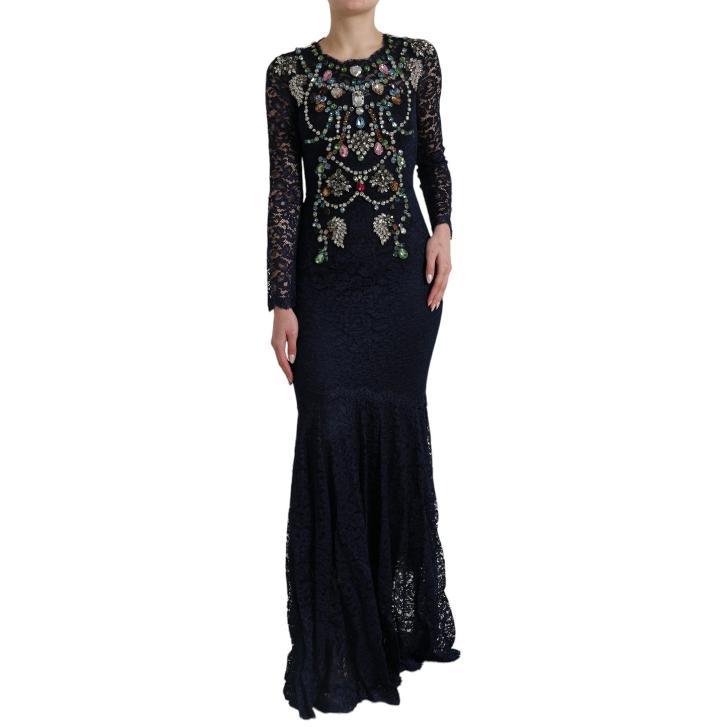 Robe longue en dentelle florale à cristaux bleus Dolce & Gabbana