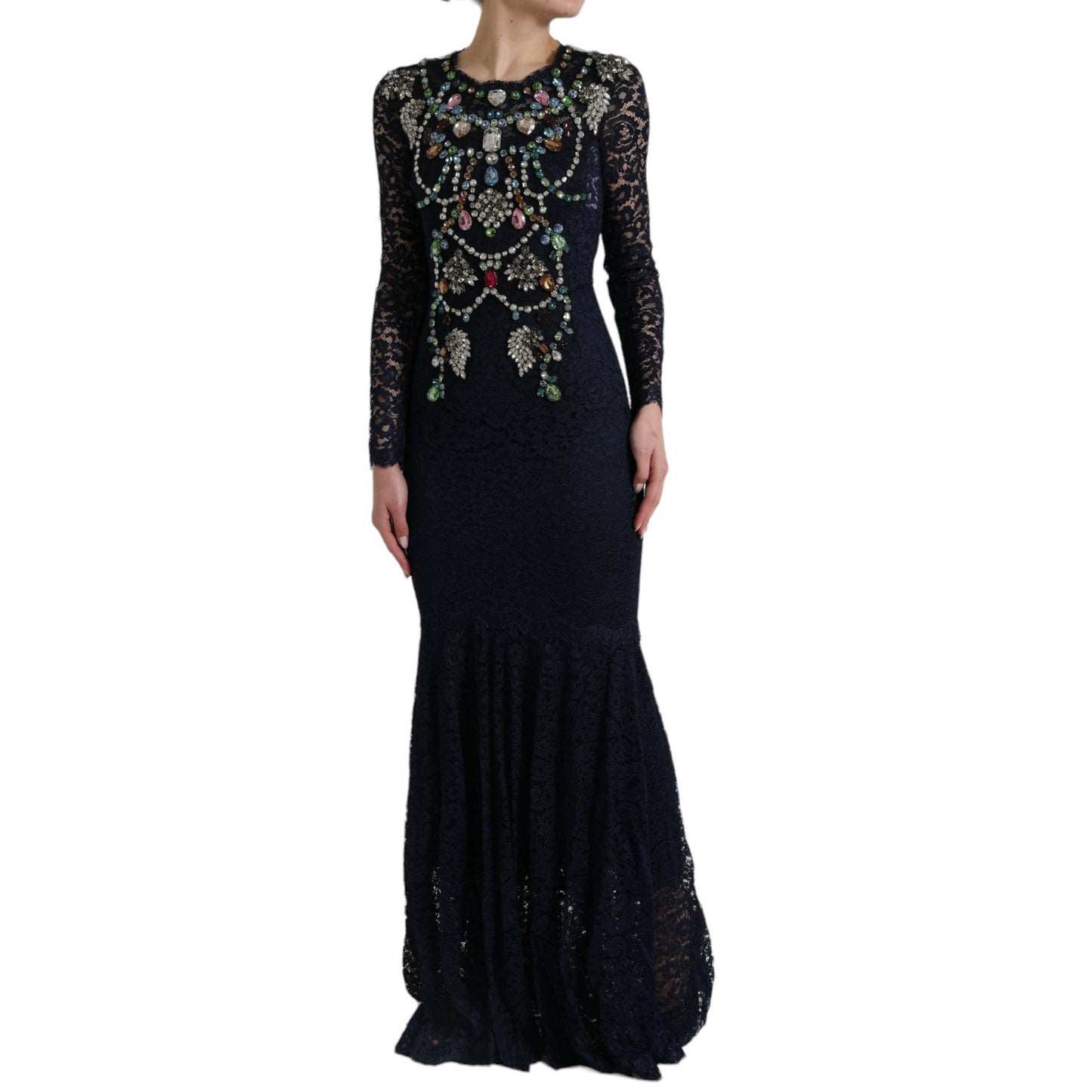 Robe longue en dentelle florale à cristaux bleus Dolce & Gabbana