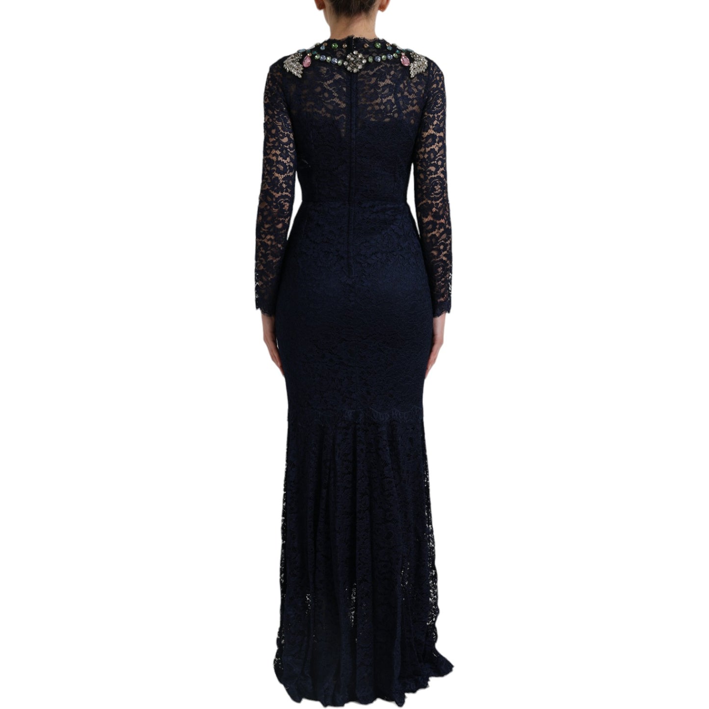 Robe longue en dentelle florale à cristaux bleus Dolce & Gabbana