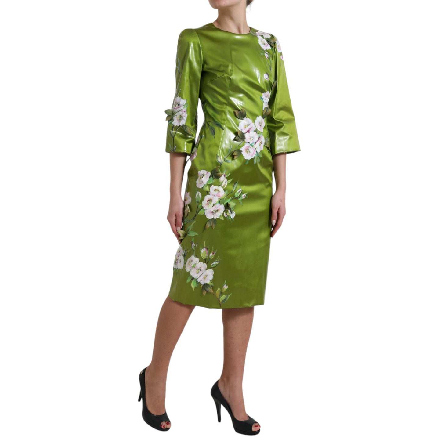 Robe fourreau mi-longue à fleurs vertes Dolce & Gabbana