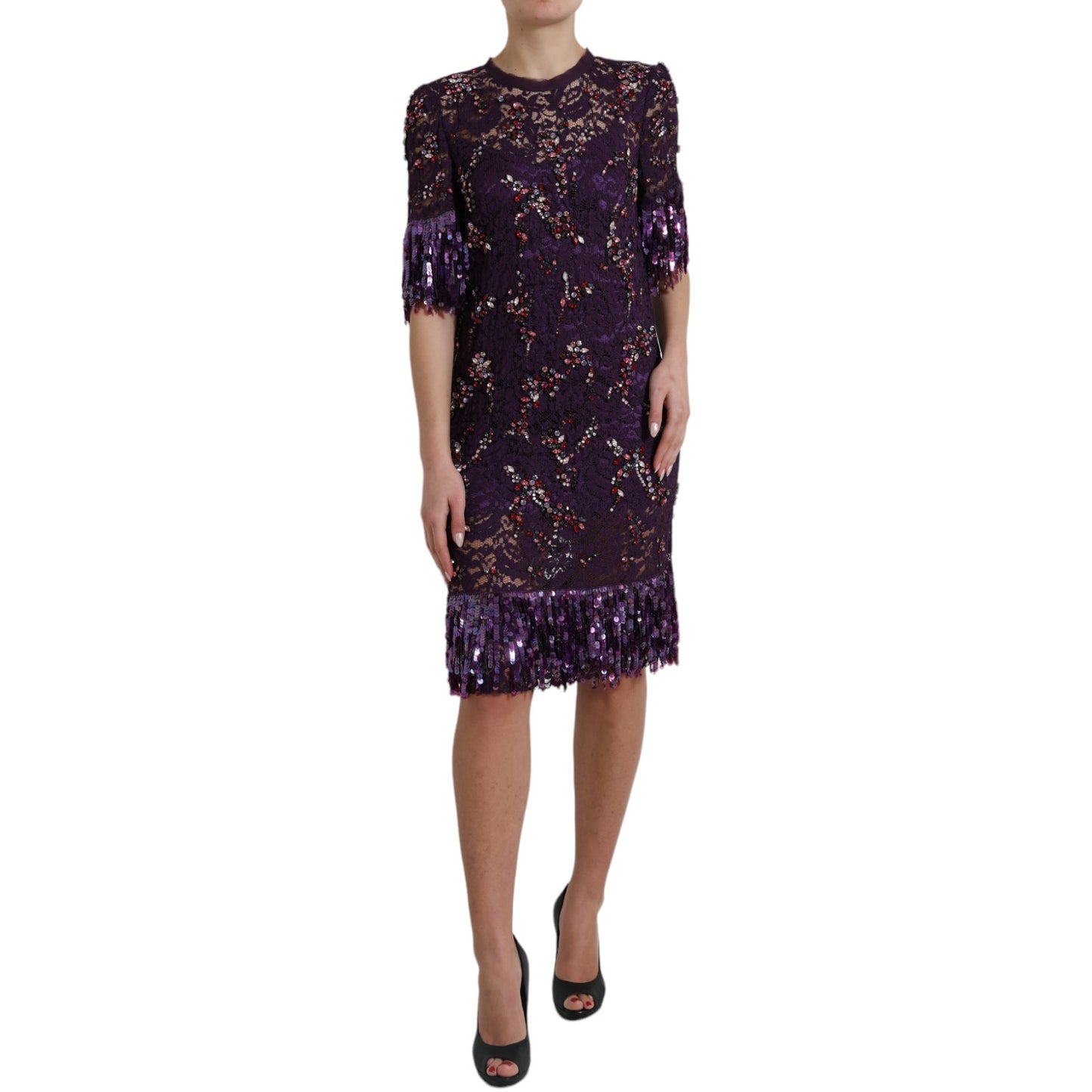 Dolce & Gabbana Lila Kleid aus floraler Spitze mit Kristallen
