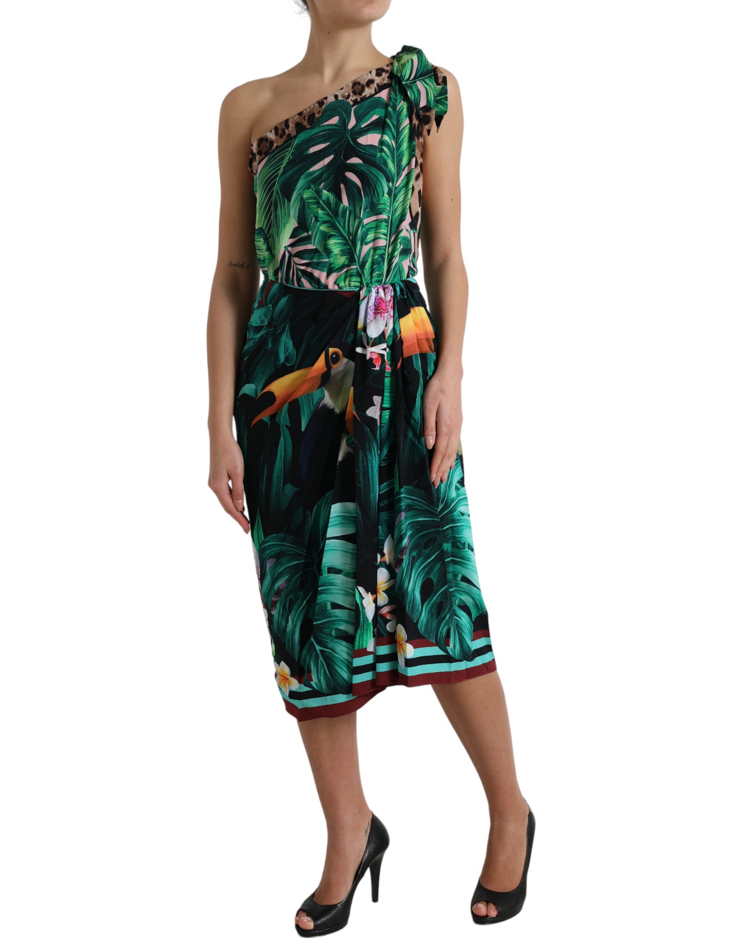 Robe midi asymétrique à imprimé jungle tropicale verte Dolce & Gabbana