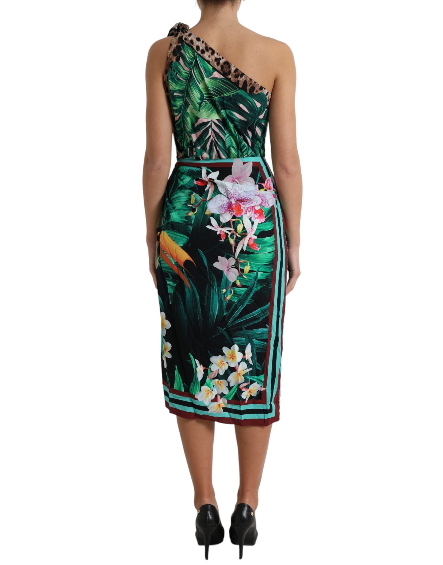Robe midi asymétrique à imprimé jungle tropicale verte Dolce & Gabbana