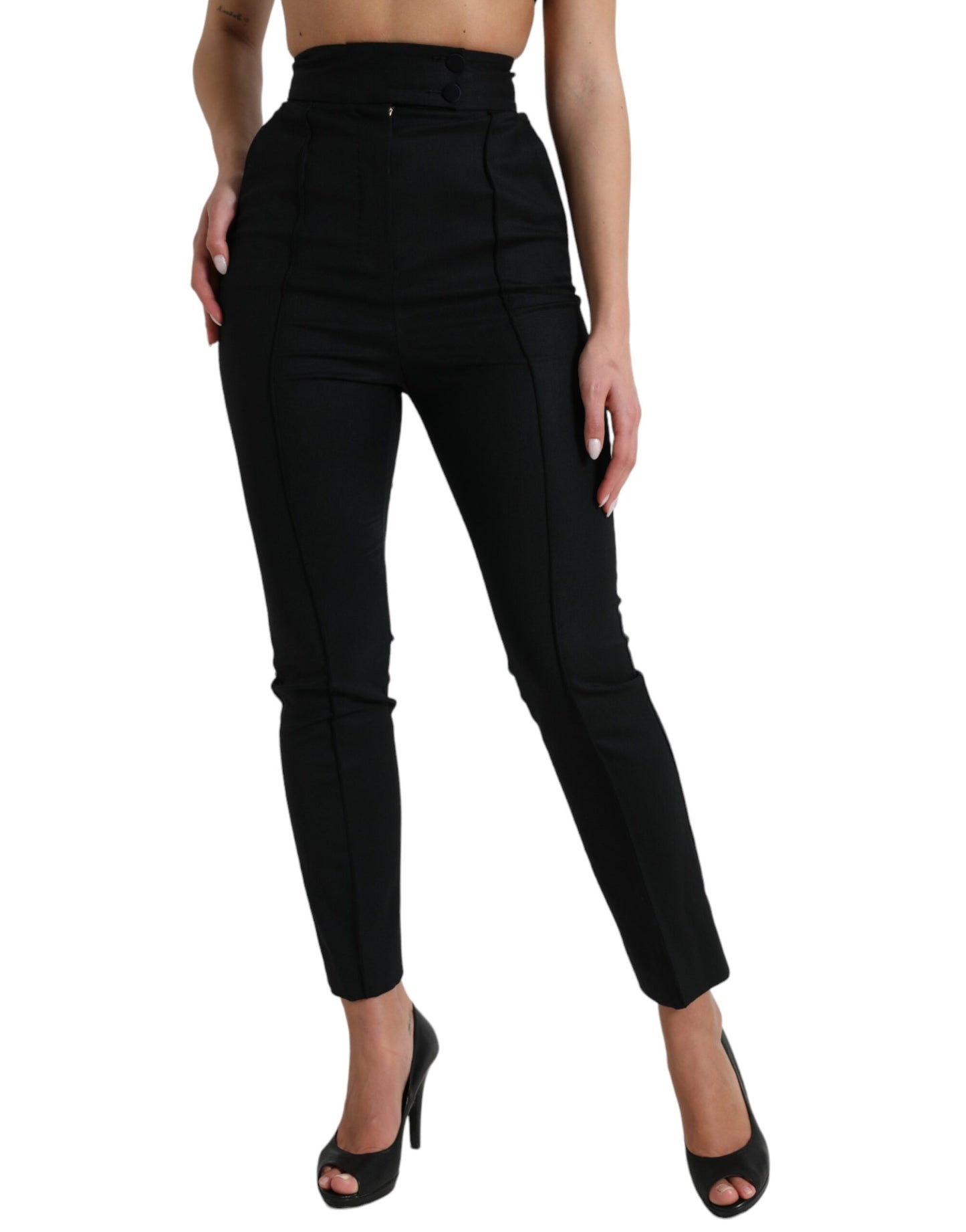 Pantalon fuselé taille haute en laine noire Dolce & Gabbana