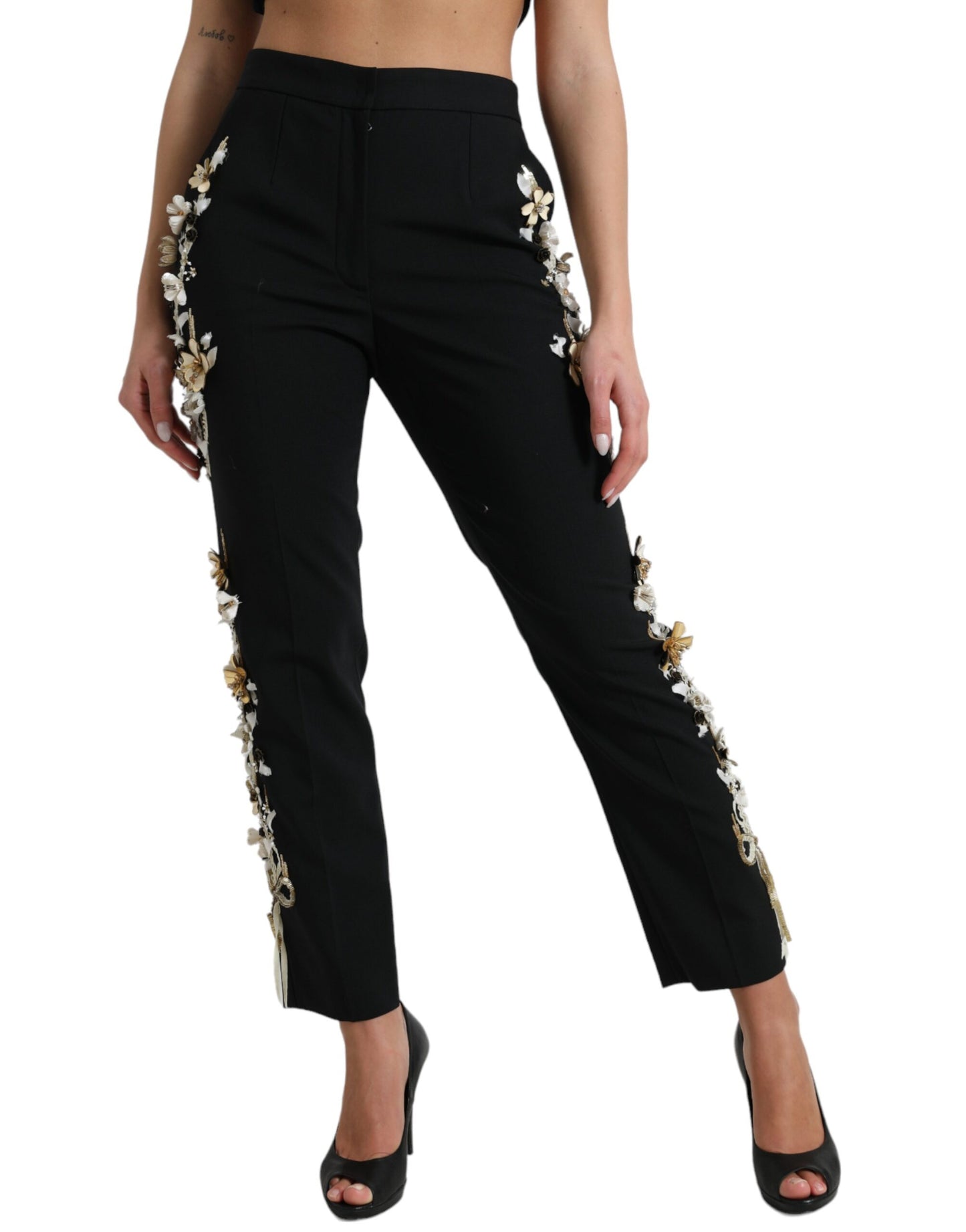 Pantalon fuselé taille haute à appliqués floraux noirs Dolce & Gabbana