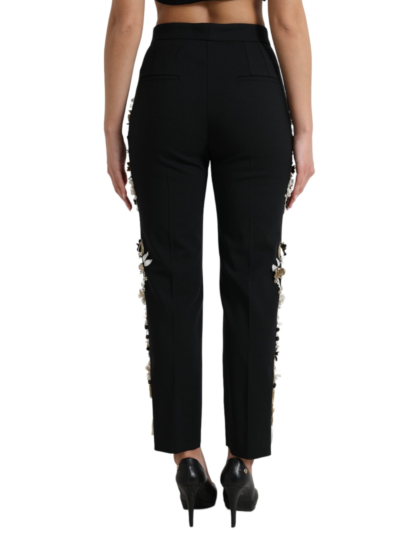 Pantalon fuselé taille haute à appliqués floraux noirs Dolce & Gabbana