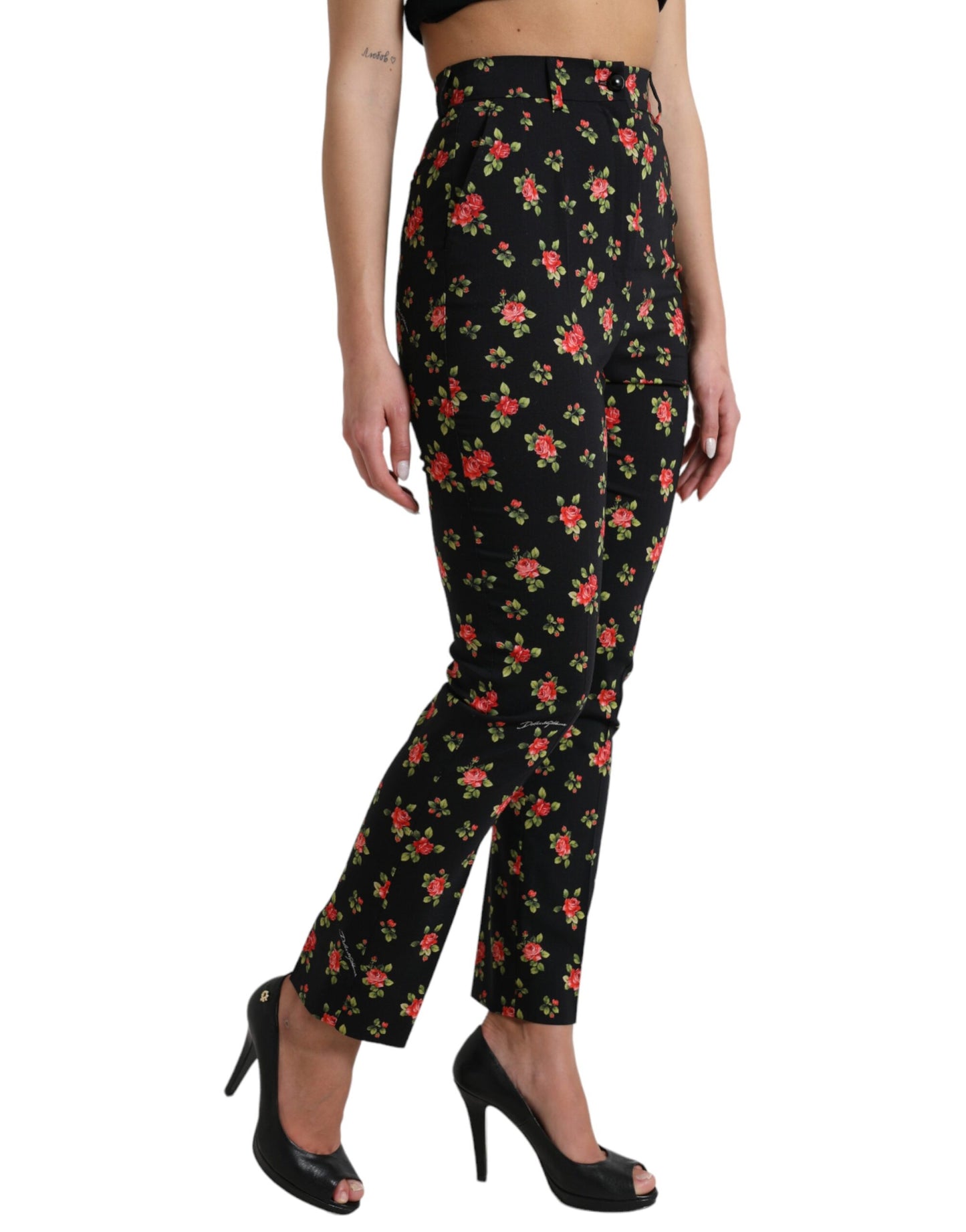 Dolce & Gabbana – Schwarze, hoch taillierte Karottenhose aus Wolle mit Blumenmuster
