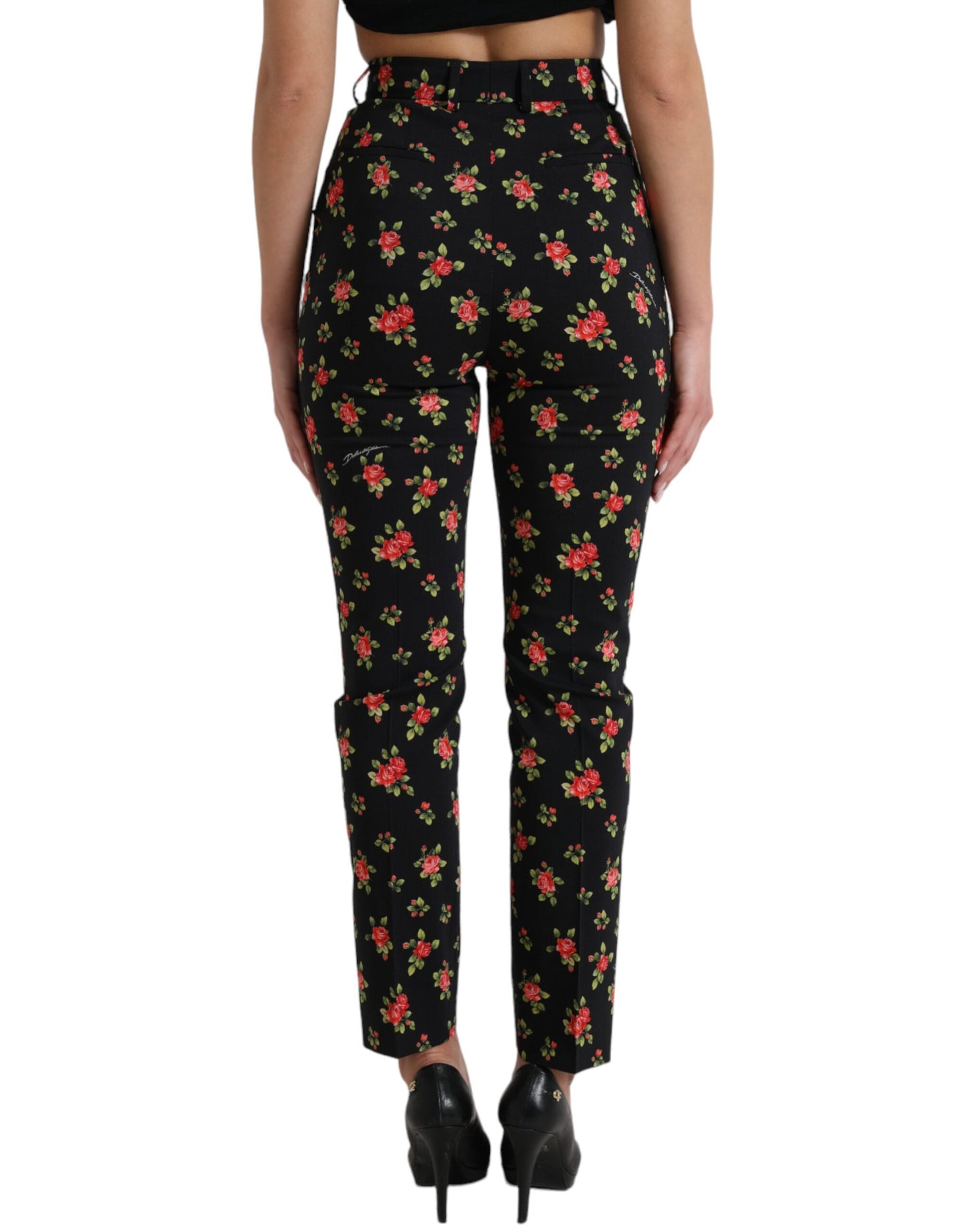 Dolce & Gabbana – Schwarze, hoch taillierte Karottenhose aus Wolle mit Blumenmuster