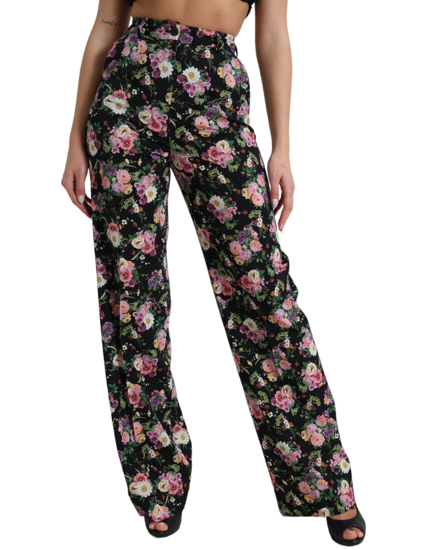 Dolce & Gabbana – Schwarze Wollhose mit Blumenmuster und hoher Taille und weitem Bein