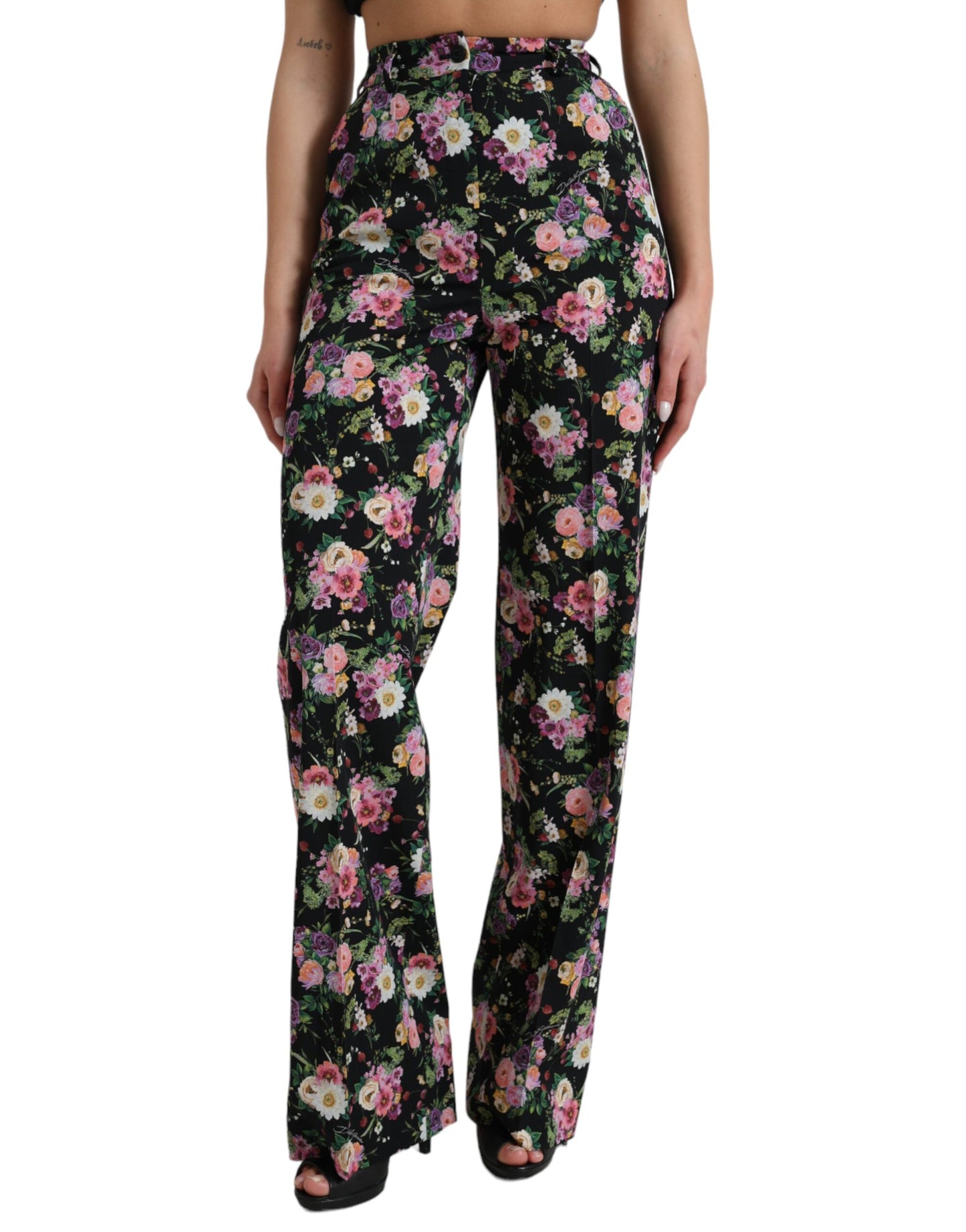 Dolce & Gabbana – Schwarze Wollhose mit Blumenmuster und hoher Taille und weitem Bein