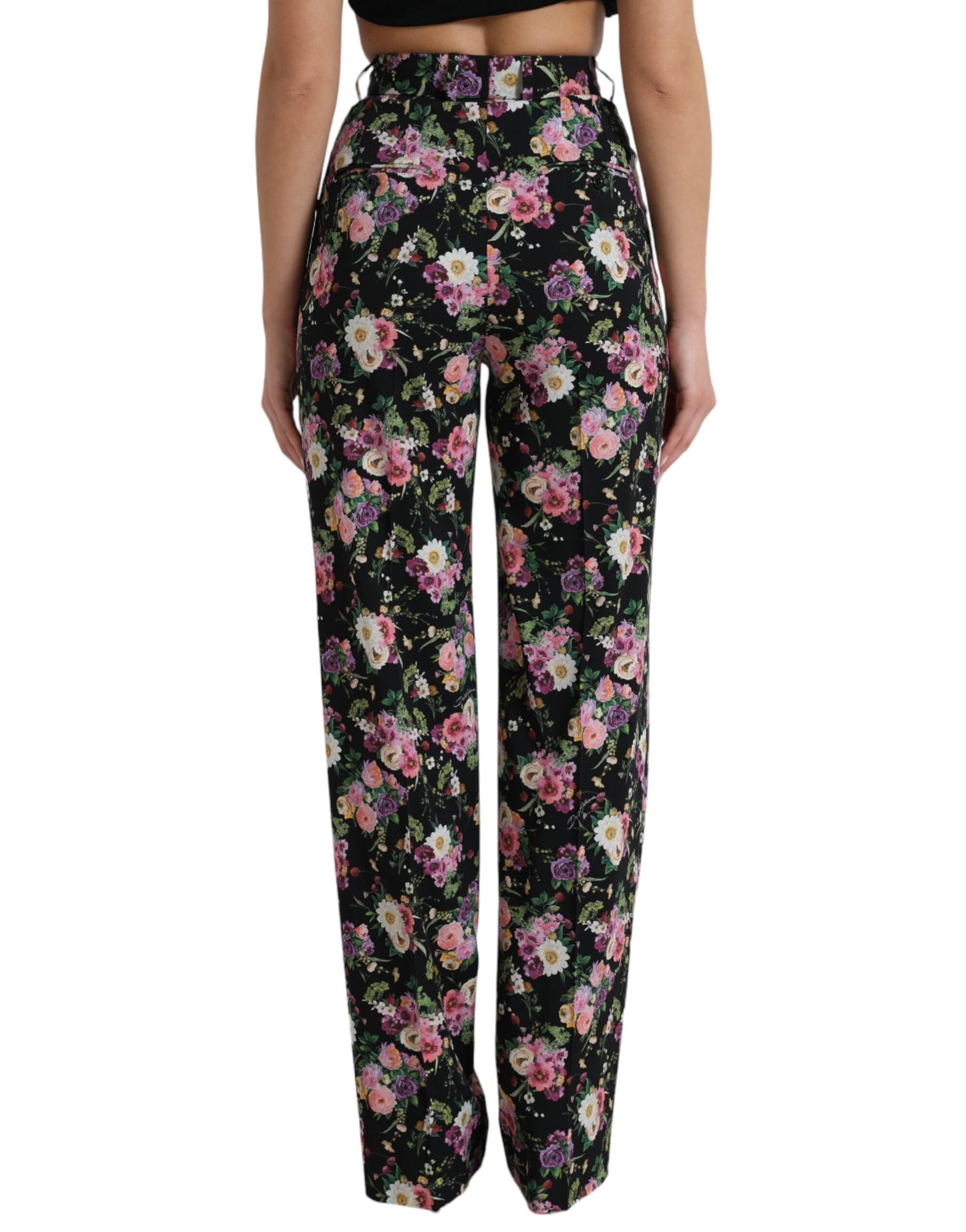 Dolce & Gabbana – Schwarze Wollhose mit Blumenmuster und hoher Taille und weitem Bein