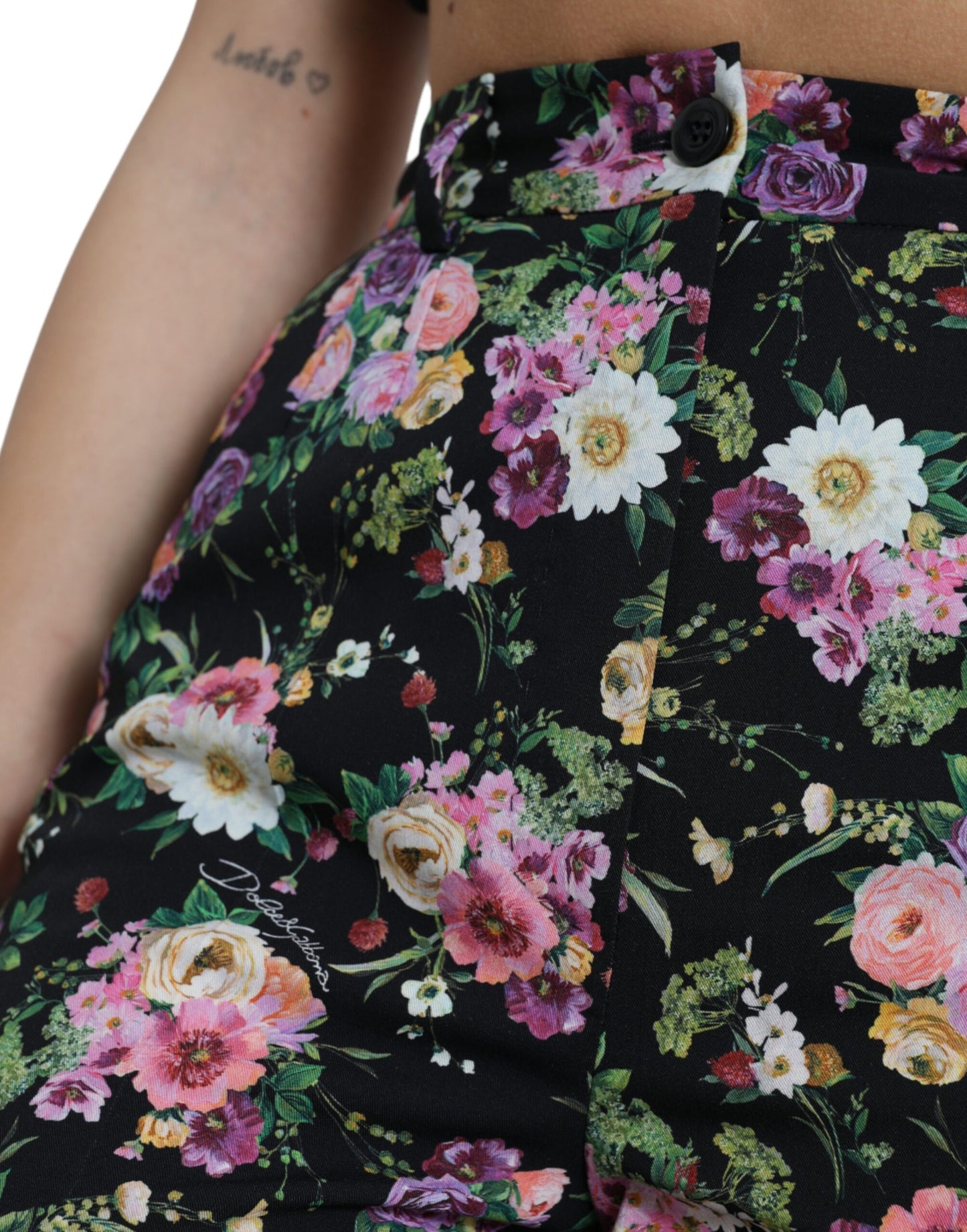 Dolce & Gabbana – Schwarze Wollhose mit Blumenmuster und hoher Taille und weitem Bein