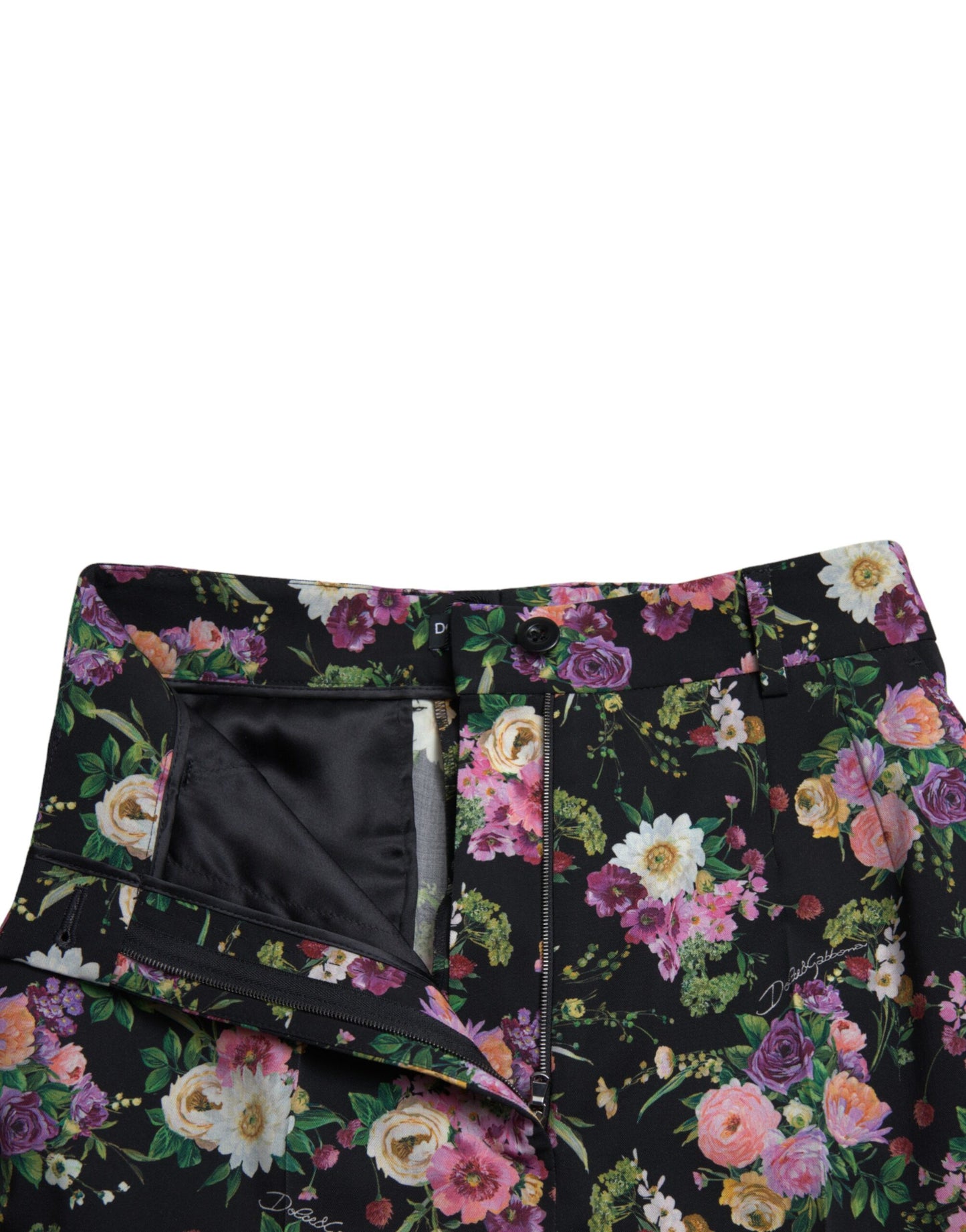 Dolce & Gabbana – Schwarze Wollhose mit Blumenmuster und hoher Taille und weitem Bein