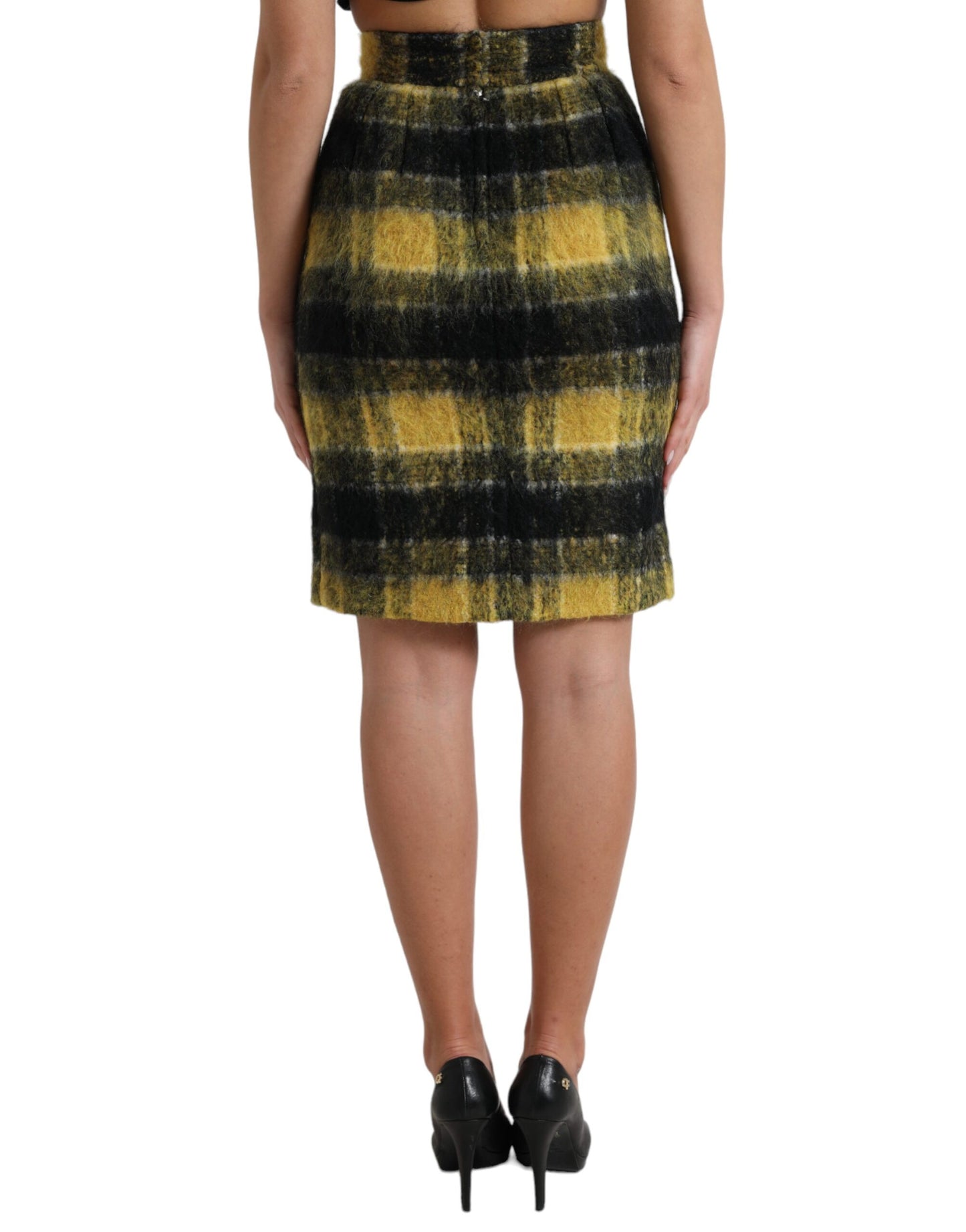 Jupe crayon en laine brossée à carreaux jaune et noir Dolce & Gabbana