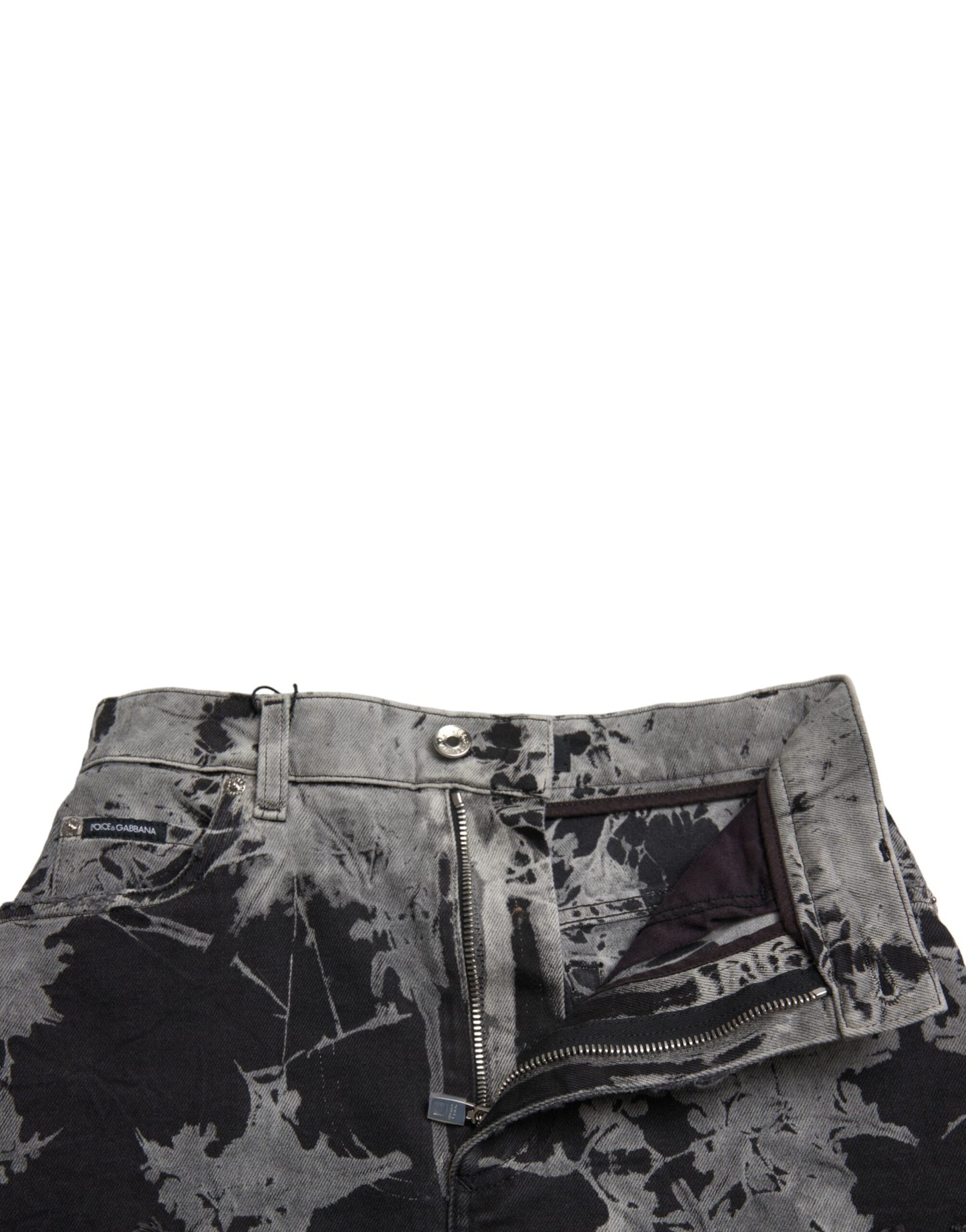 Mini-jupe en jean taille haute en coton et dentelle noire et grise Dolce & Gabbana