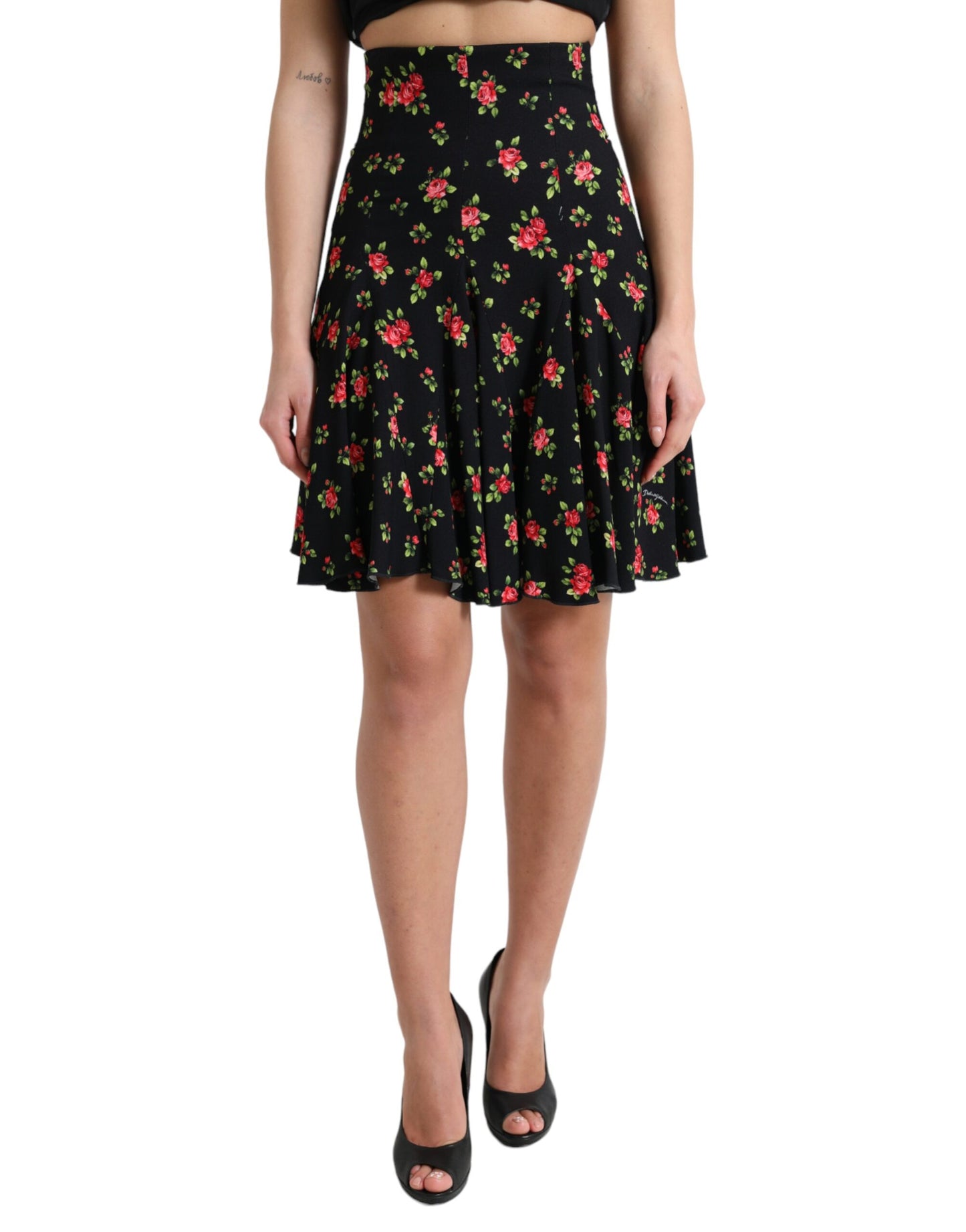 Mini-jupe trapèze taille haute à imprimé roses noires Dolce & Gabbana