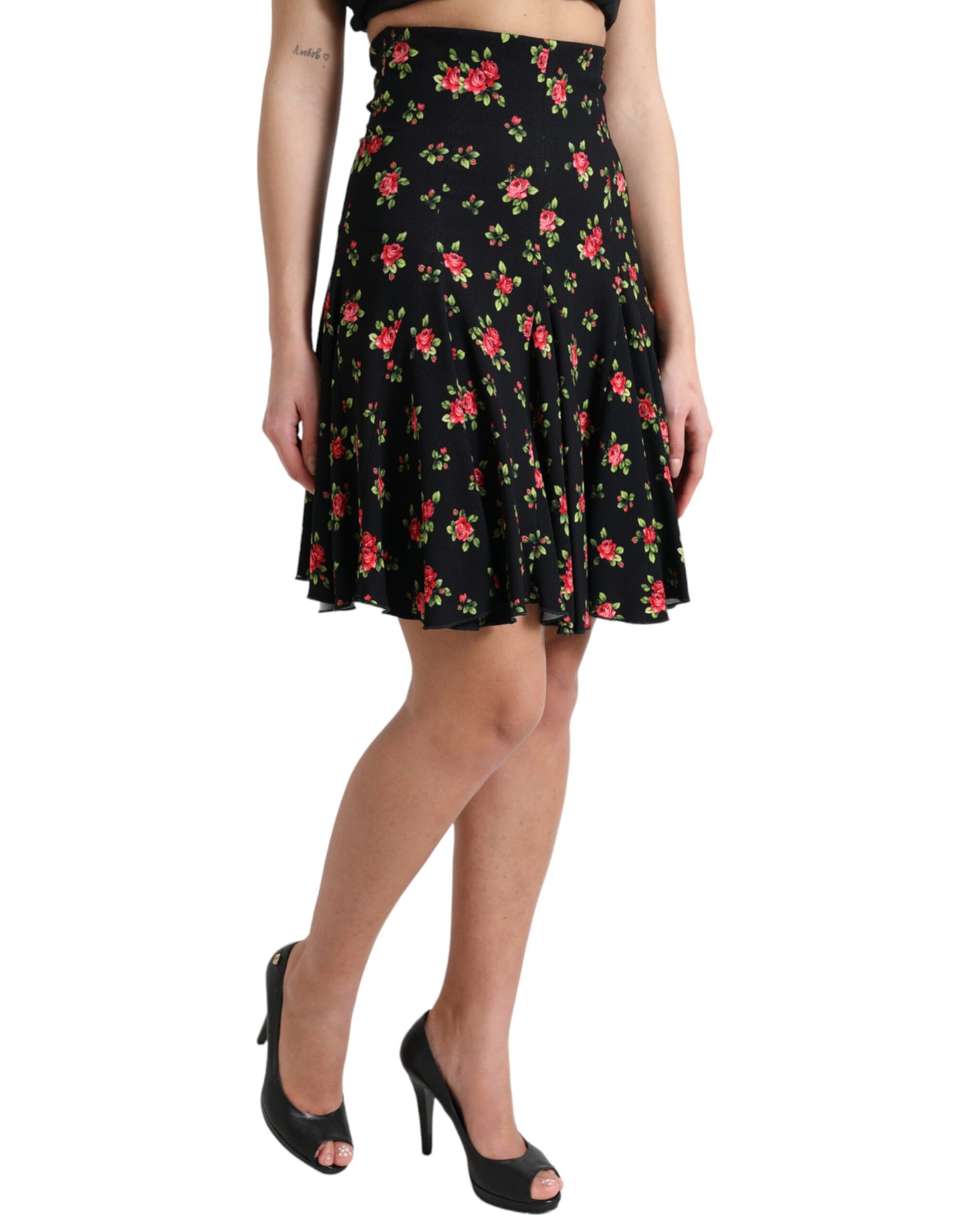 Mini-jupe trapèze taille haute à imprimé roses noires Dolce & Gabbana