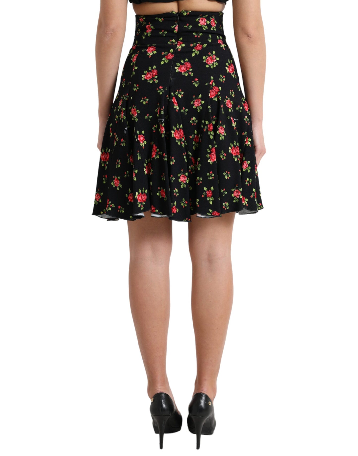 Mini-jupe trapèze taille haute à imprimé roses noires Dolce & Gabbana