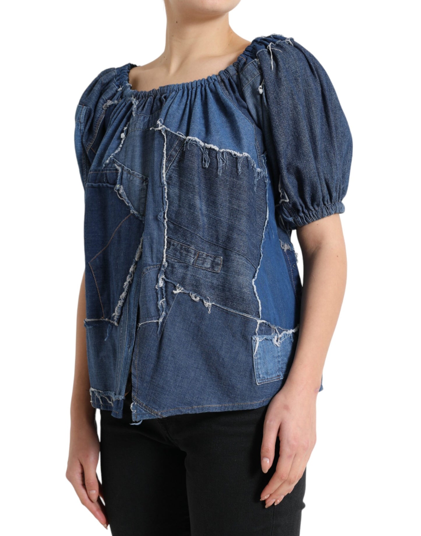 Chemisier en jean à manches courtes et patchwork bleu Dolce & Gabbana