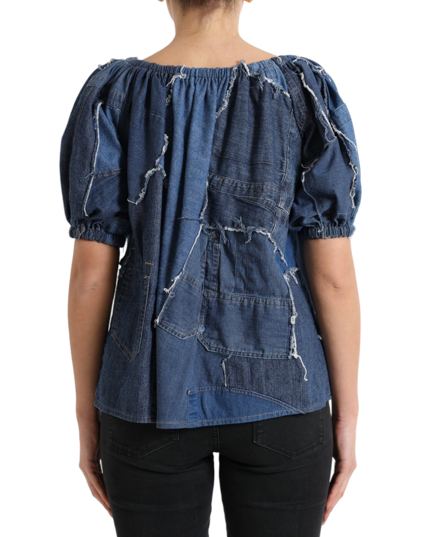 Chemisier en jean à manches courtes et patchwork bleu Dolce & Gabbana