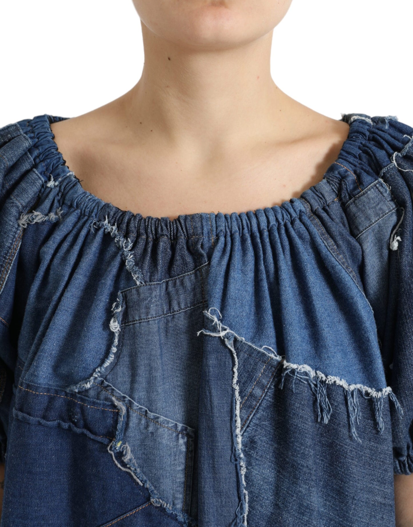Chemisier en jean à manches courtes et patchwork bleu Dolce & Gabbana