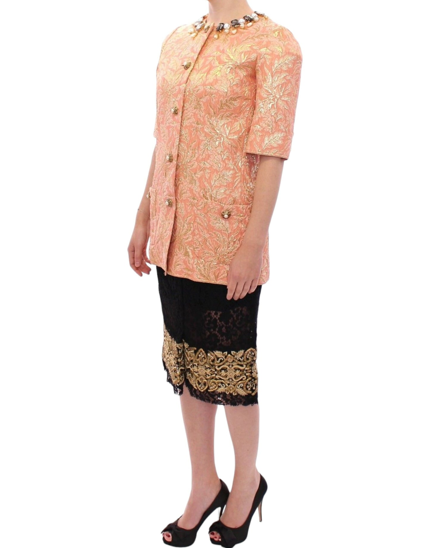 Dolce & Gabbana Manteau veste en brocart de soie rose et cristaux