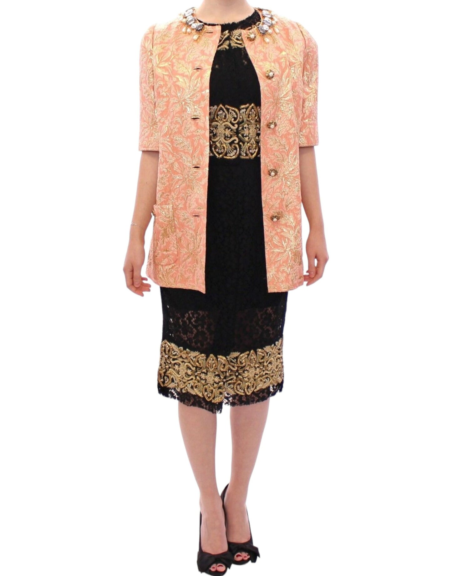 Dolce & Gabbana Manteau veste en brocart de soie rose et cristaux