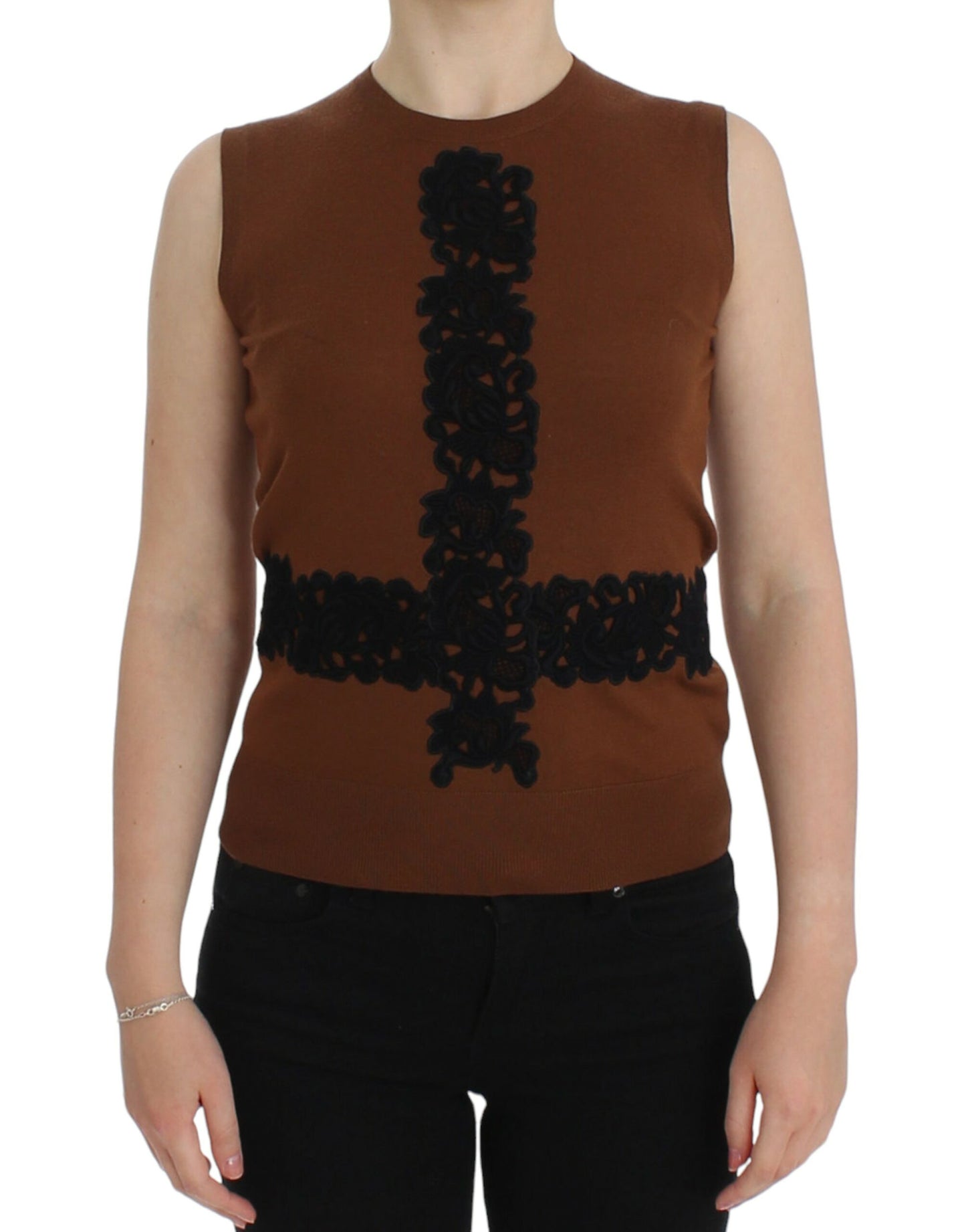 Pull sans manches en laine marron et dentelle noire Dolce & Gabbana