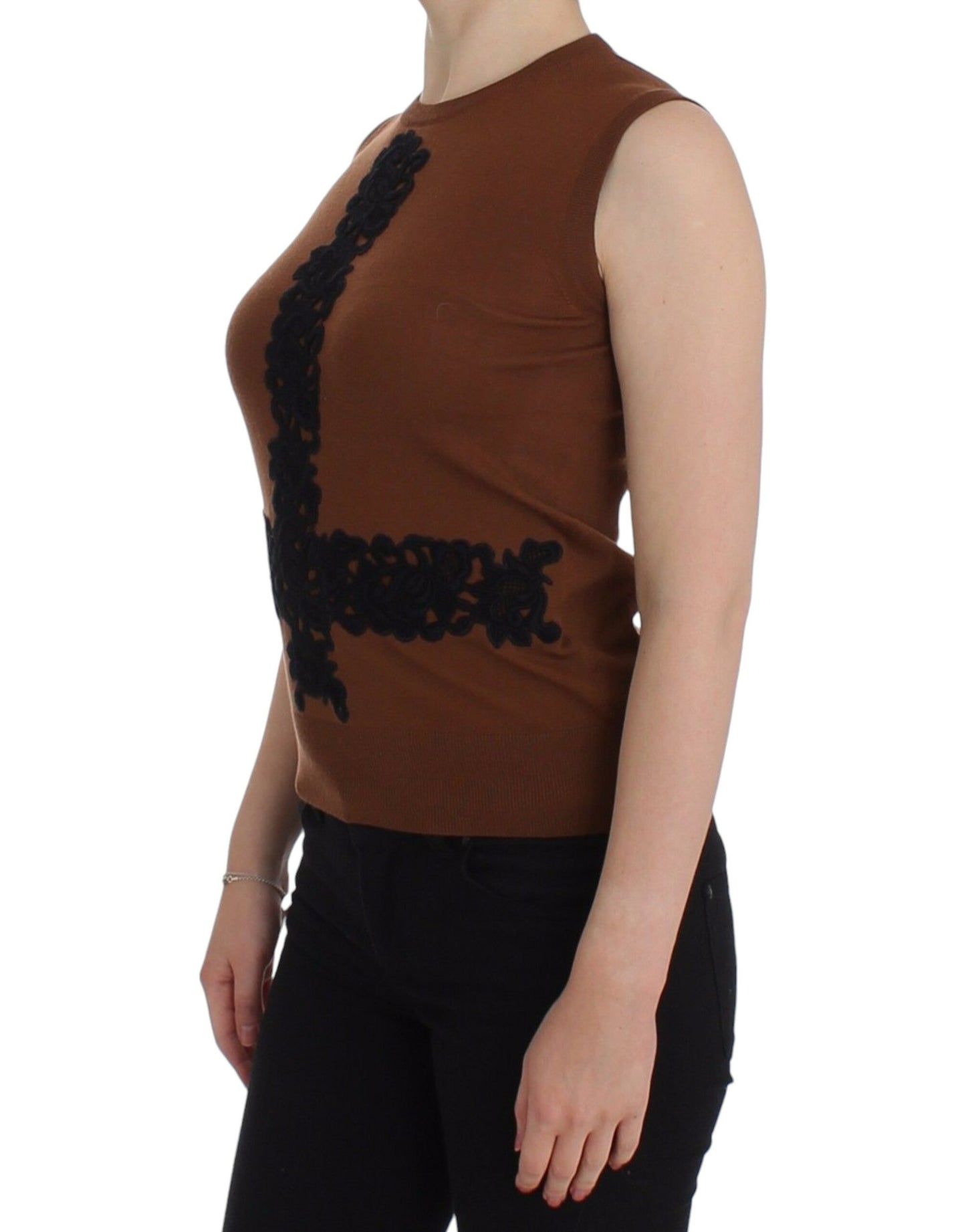 Pull sans manches en laine marron et dentelle noire Dolce & Gabbana