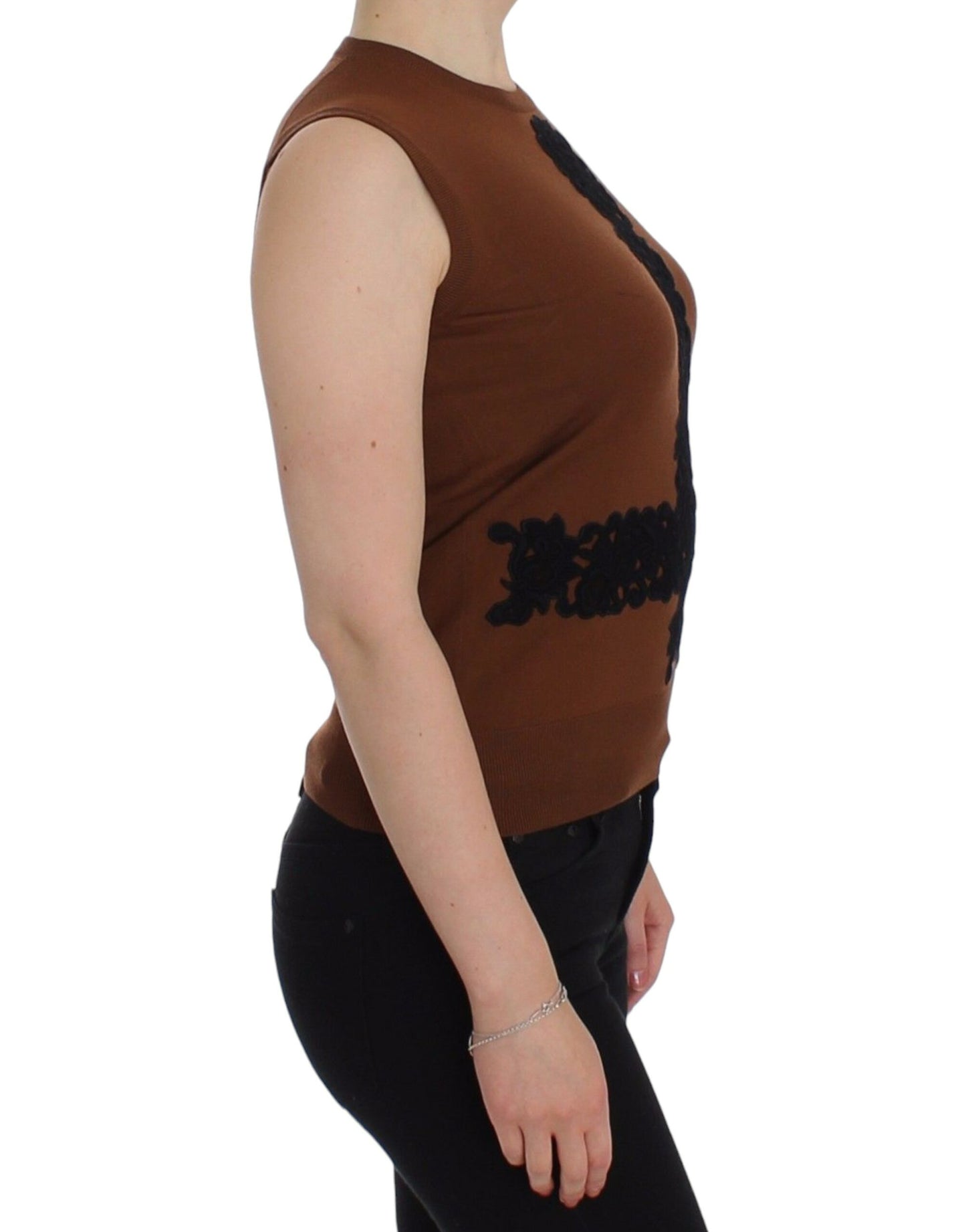 Pull sans manches en laine marron et dentelle noire Dolce & Gabbana