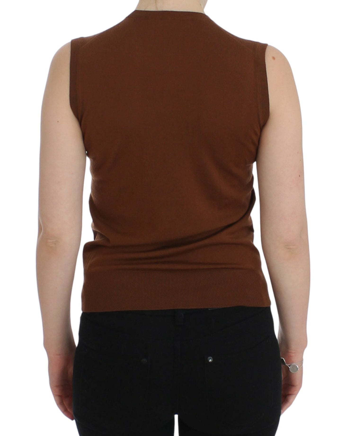 Pull sans manches en laine marron et dentelle noire Dolce & Gabbana