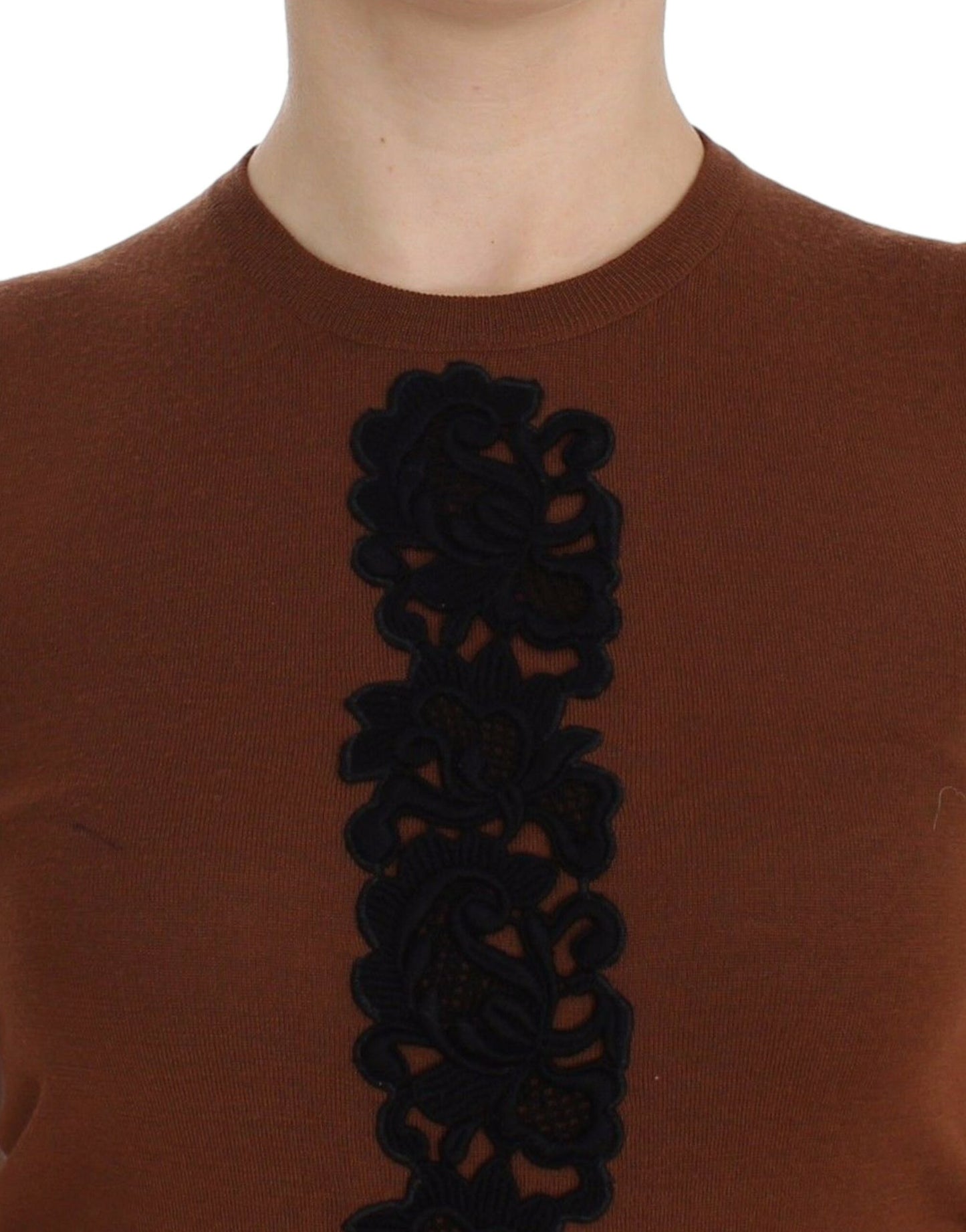 Pull sans manches en laine marron et dentelle noire Dolce & Gabbana