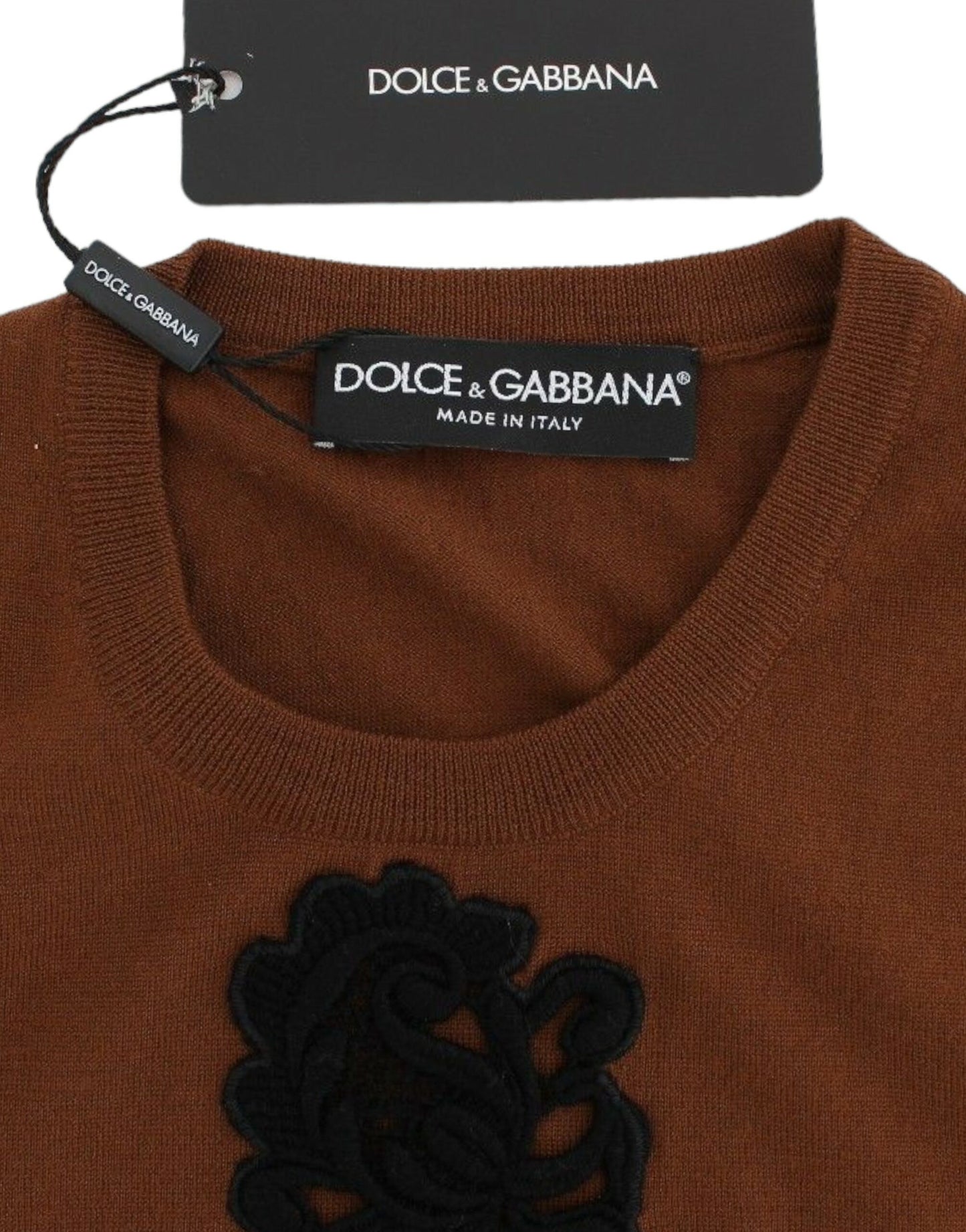 Pull sans manches en laine marron et dentelle noire Dolce & Gabbana