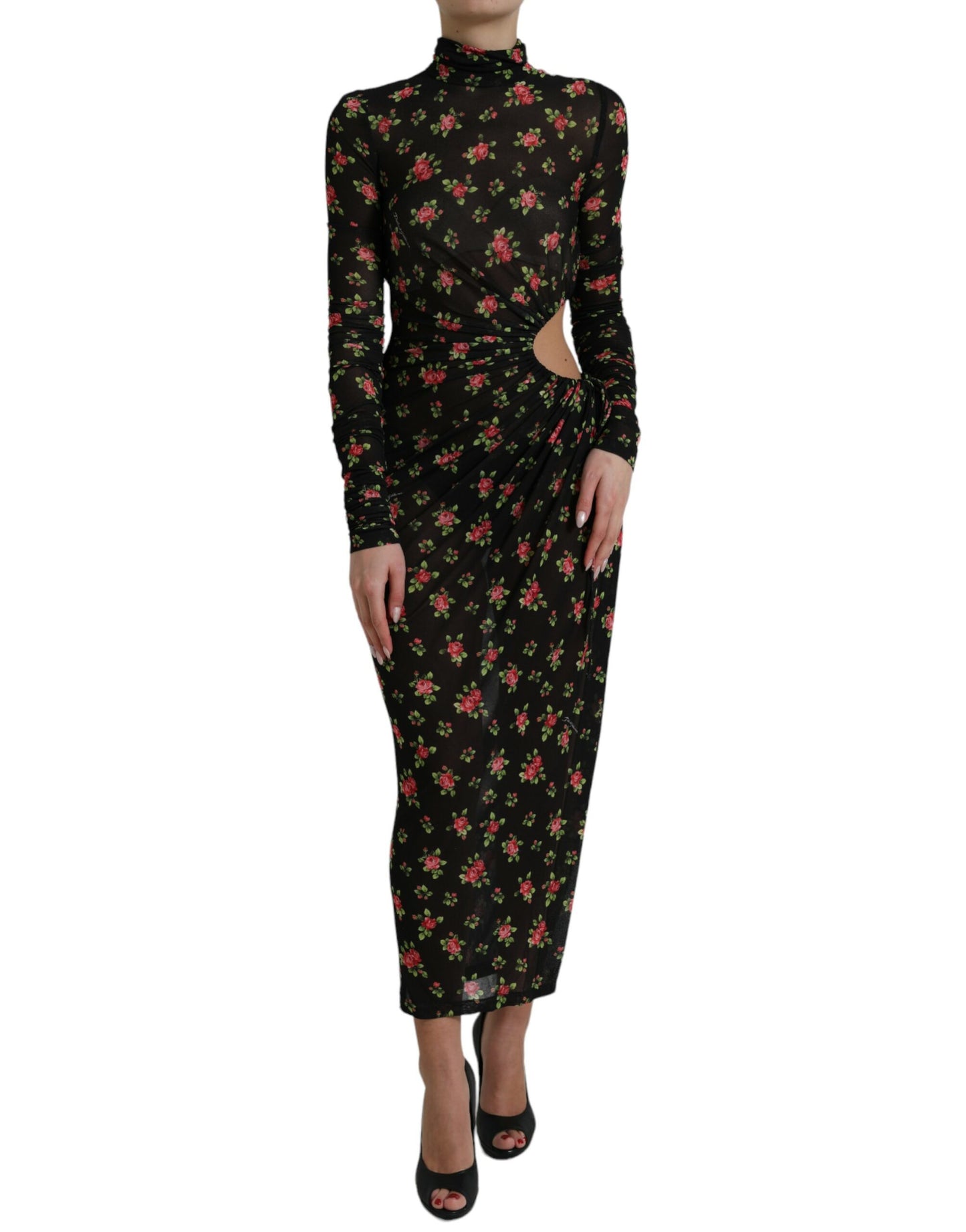 Robe longue fourreau noire à fleurs découpées Dolce & Gabbana