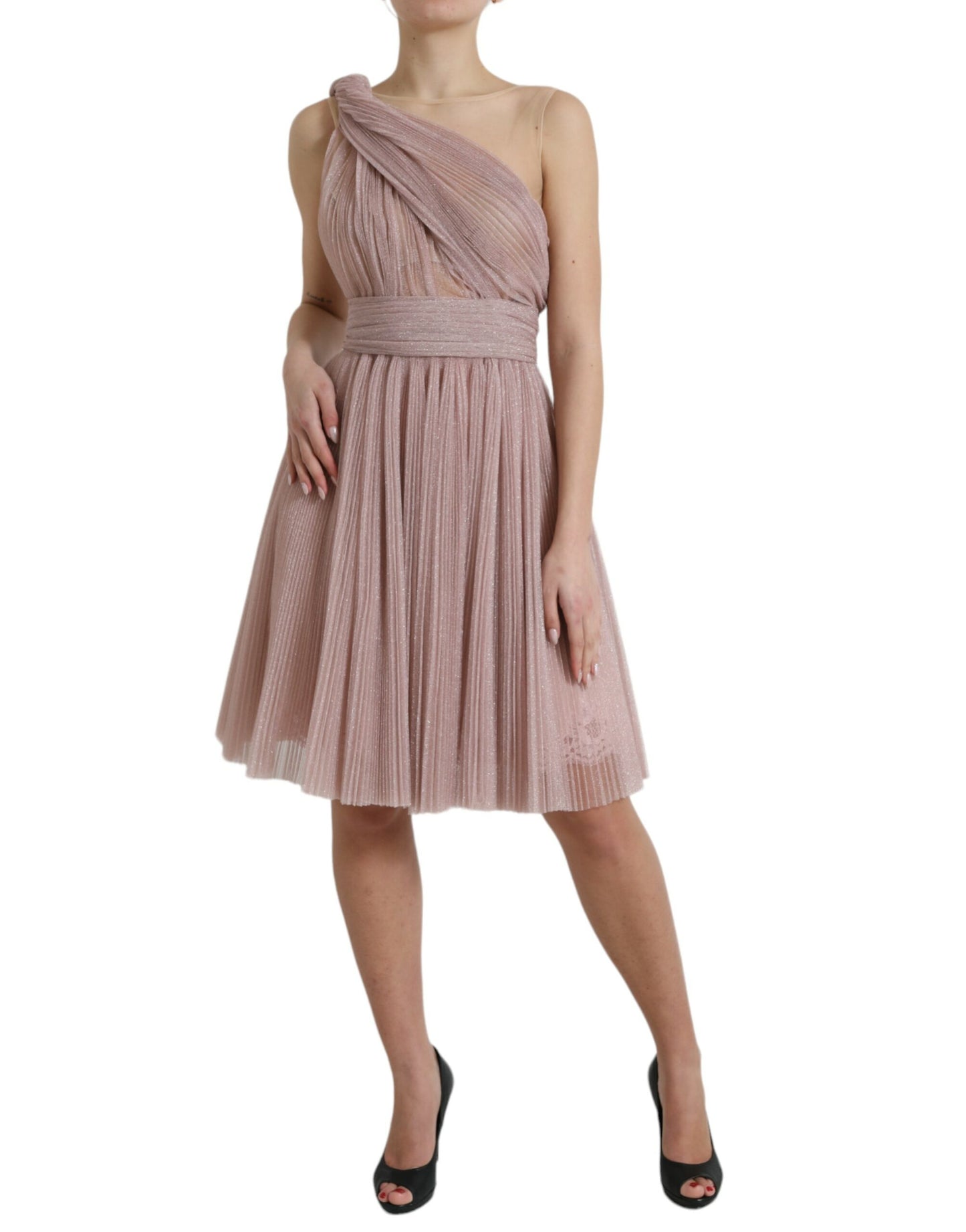 Dolce & Gabbana – Rosafarbenes One-Shoulder-Kleid aus laméfarbenem Tüll mit Plissee