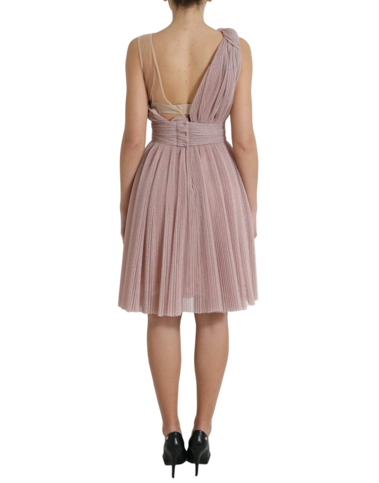 Dolce & Gabbana – Rosafarbenes One-Shoulder-Kleid aus laméfarbenem Tüll mit Plissee