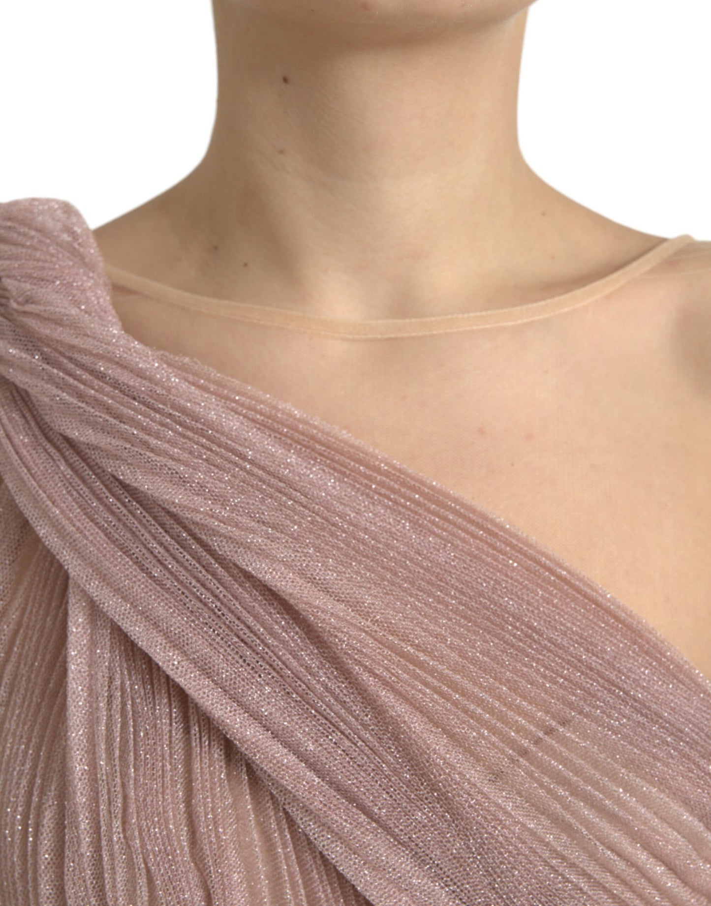 Dolce & Gabbana – Rosafarbenes One-Shoulder-Kleid aus laméfarbenem Tüll mit Plissee