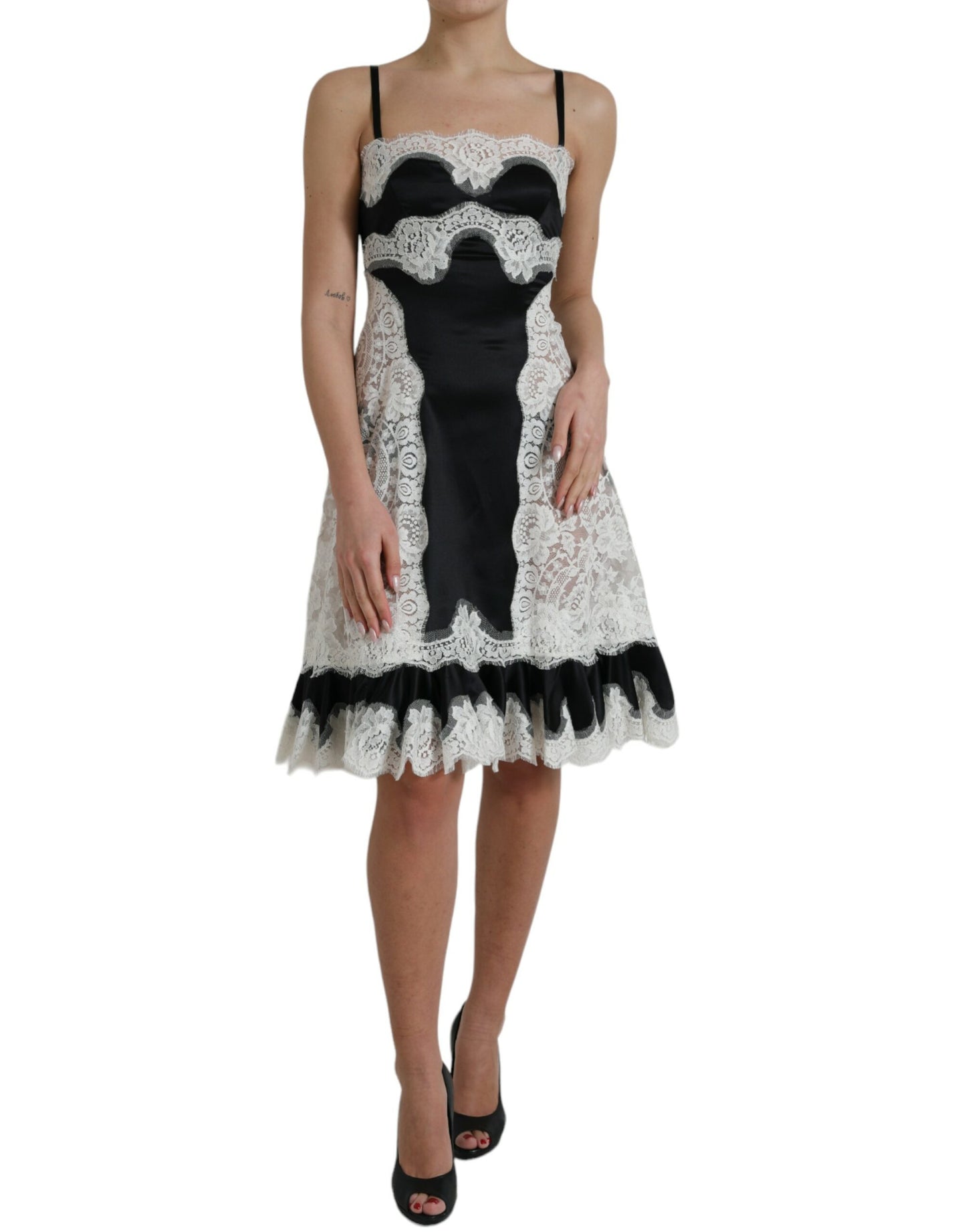 Robe trapèze transparente sans manches en dentelle noire et blanche Dolce & Gabbana