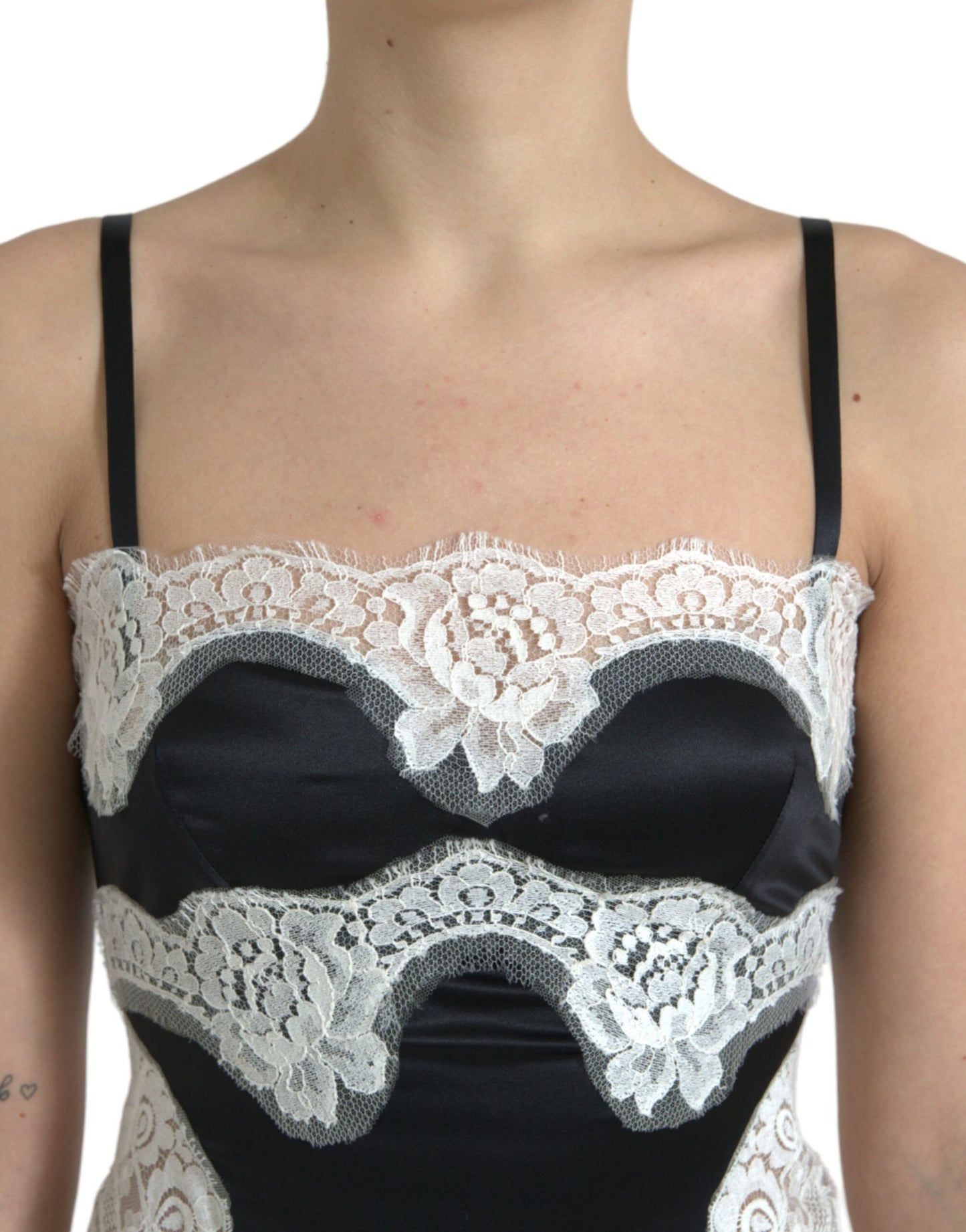 Robe trapèze transparente sans manches en dentelle noire et blanche Dolce & Gabbana