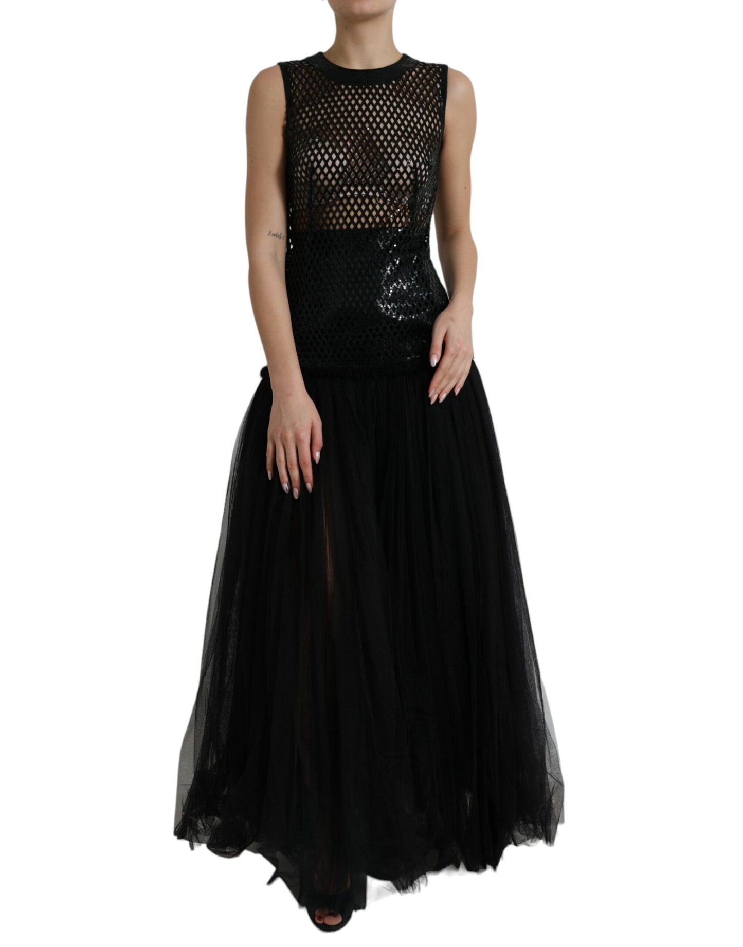Robe longue noire à paillettes et manches superposées en maille Dolce & Gabbana